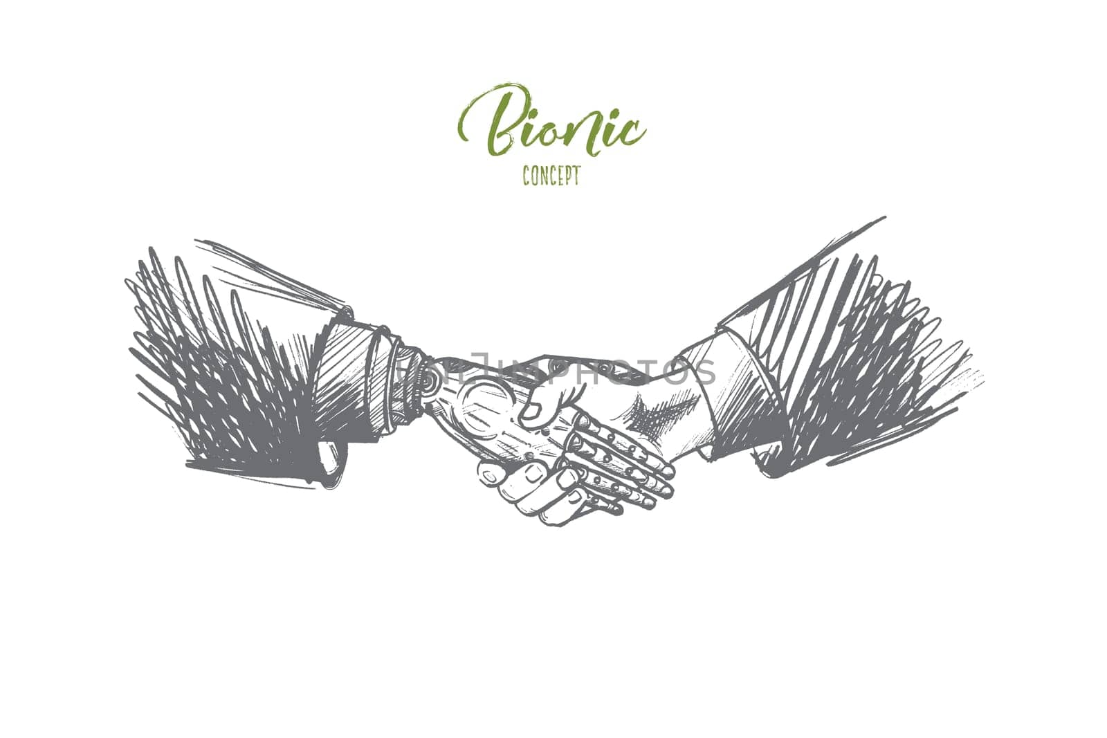 Bionic concept. Hand drawn businessman in a suit and a robot shaking hands. Partnership between robot and human isolated vector illustration.