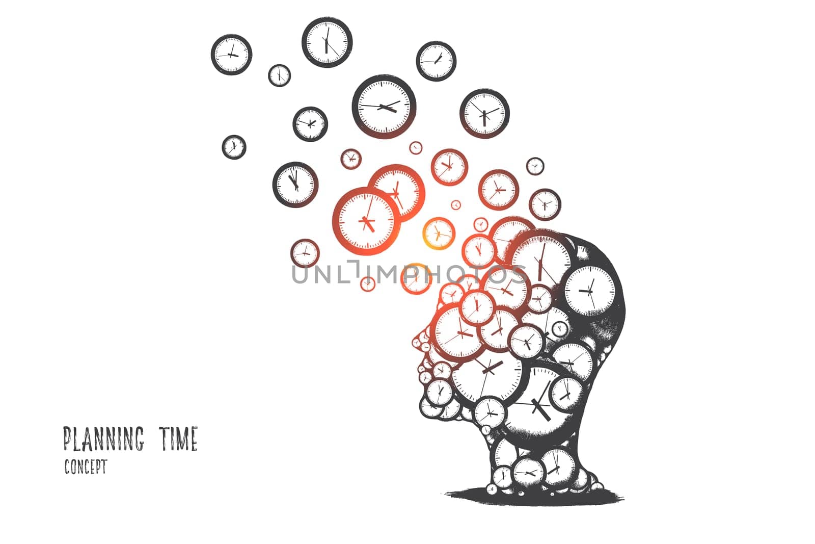 Planning time concept. Hand drawn human head with a lot of clocks. Time management idea isolated vector illustration.
