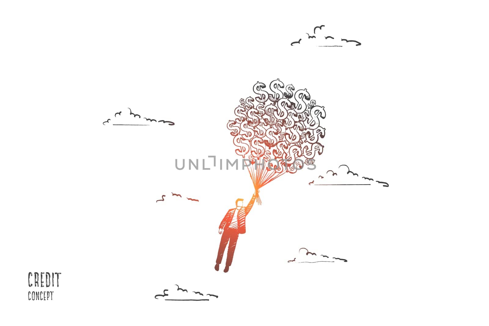Credit concept. Hand drawn person fly with a lot of money. Opportunities through credit isolated vector illustration.