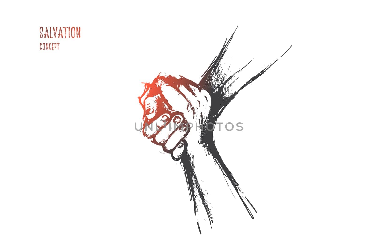 Salvation concept. Hand drawn helping hand outstretched for salvation Two hands united in a handshake isolated vector illustration.