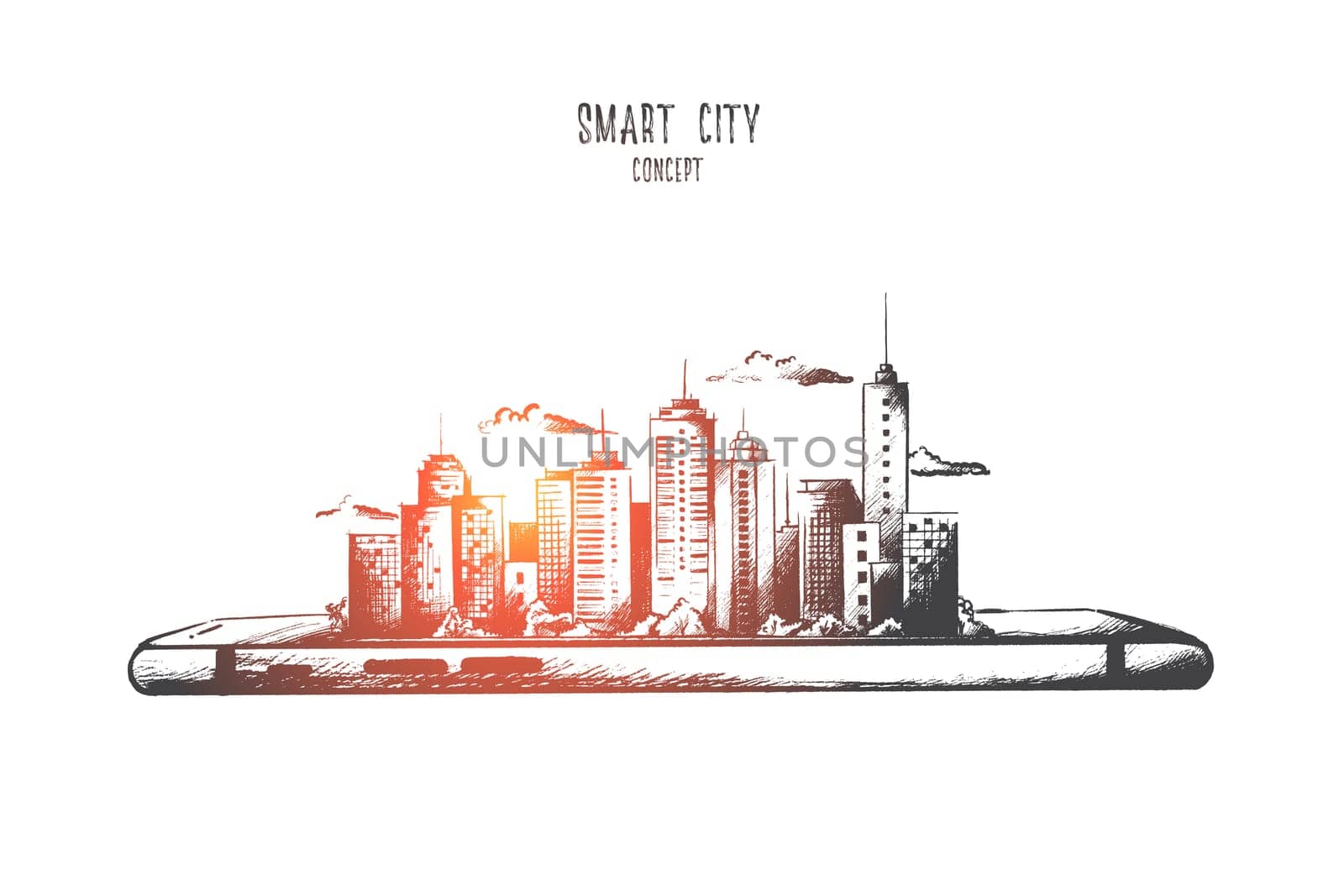 Smart city concept. Hand drawn smartphone with modern city scape. Little model of city with skyscrapers isolated vector illustration.
