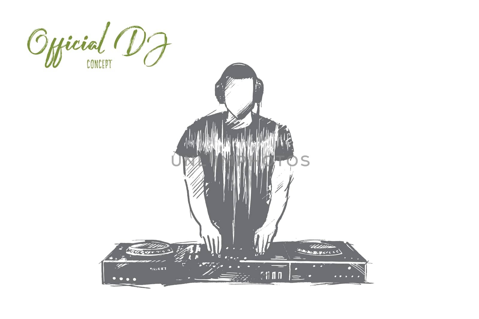 Official DJ concept. Hand drawn charismatic disc jockey at the turntable. Musician at nightclub during party isolated vector illustration.