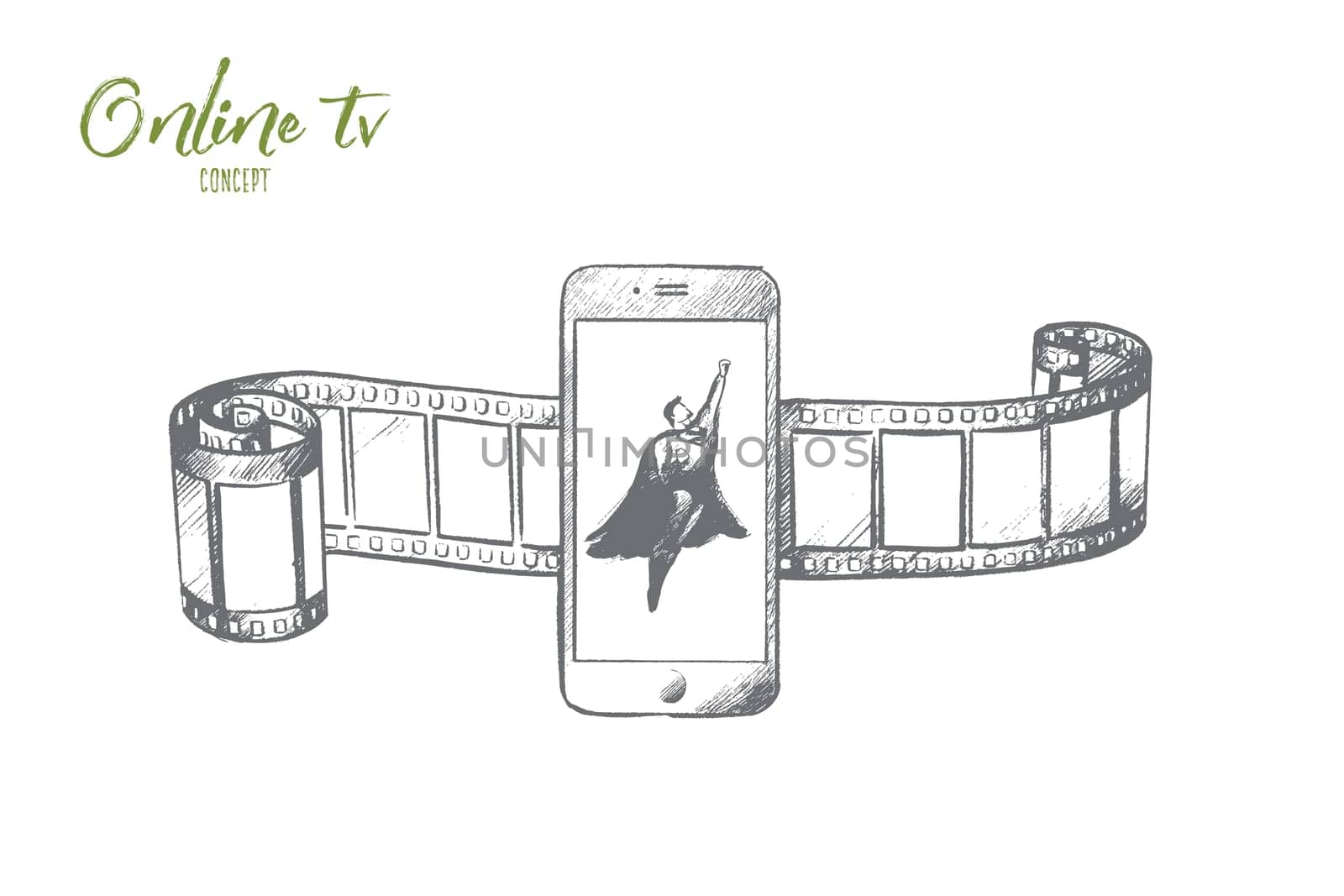 Online TV concept. Hand drawn superhero on screen of smartphone. Symbol of multimedia entertainment isolated vector illustration.