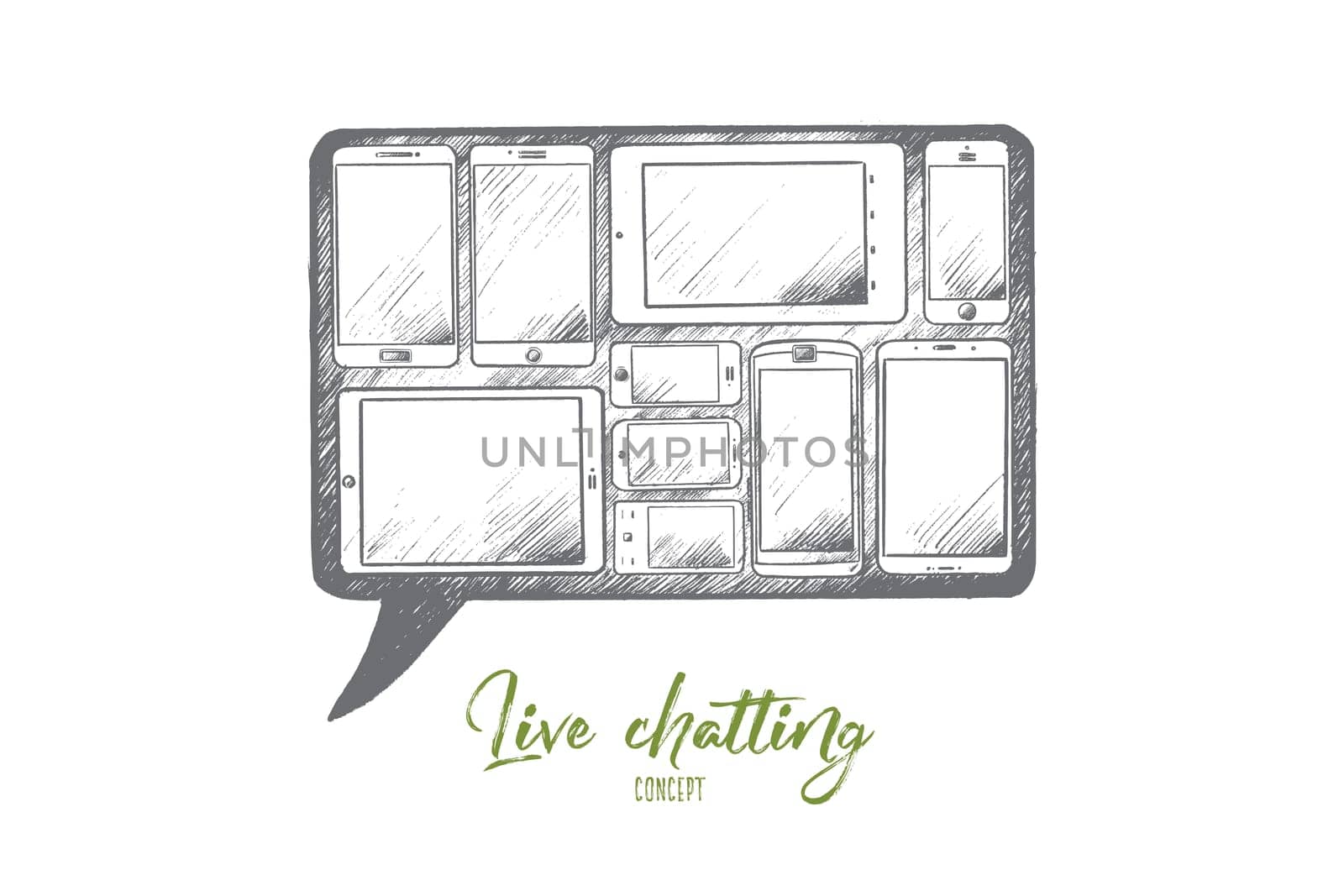 Live chatting concept. Hand drawn a lot of gadgets with screens. Internet communication isolated vector illustration.