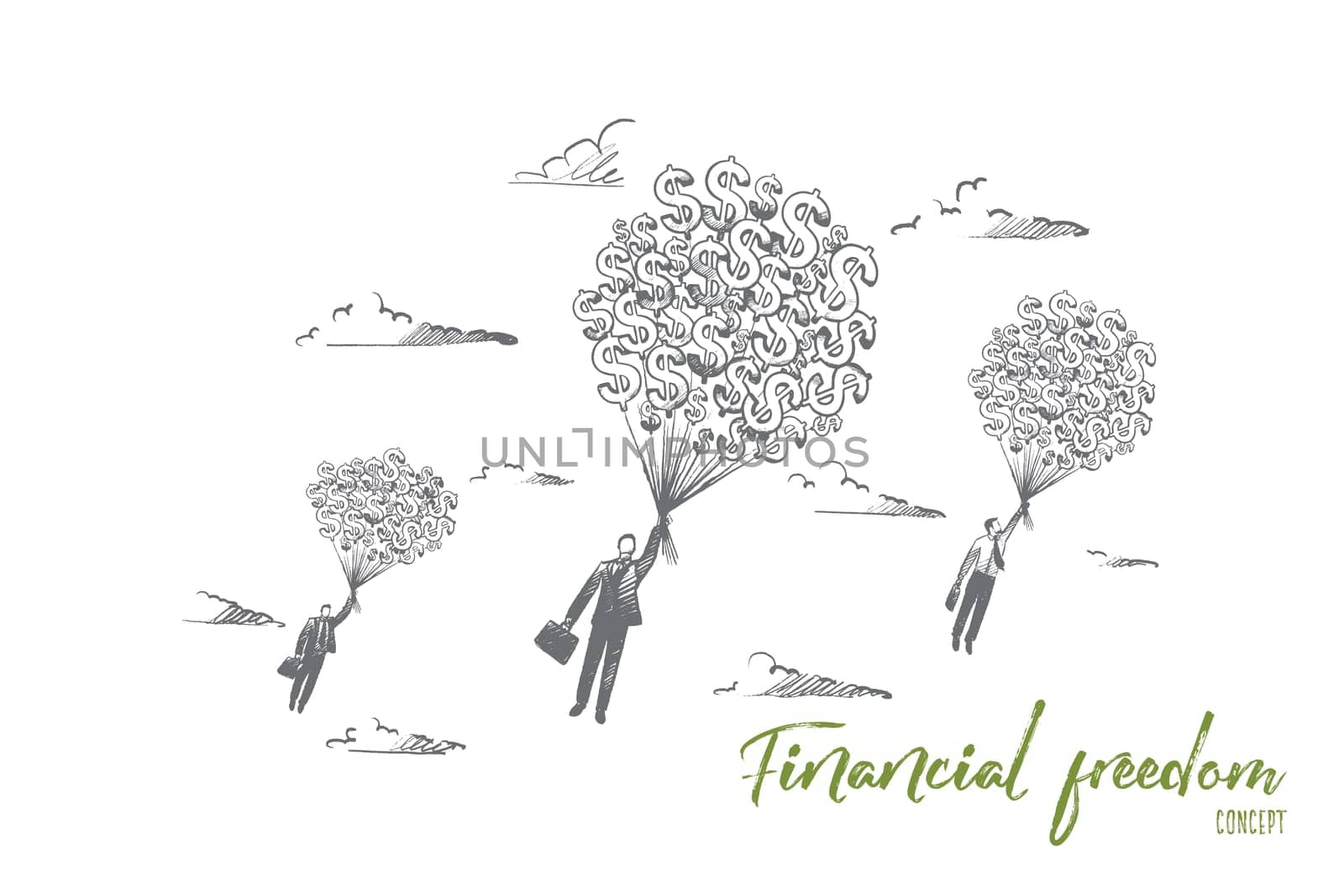 Financial freedom concept. Hand drawn businessmen flying with a lot of dollars. Money gives fill of freedom isolated vector illustration.