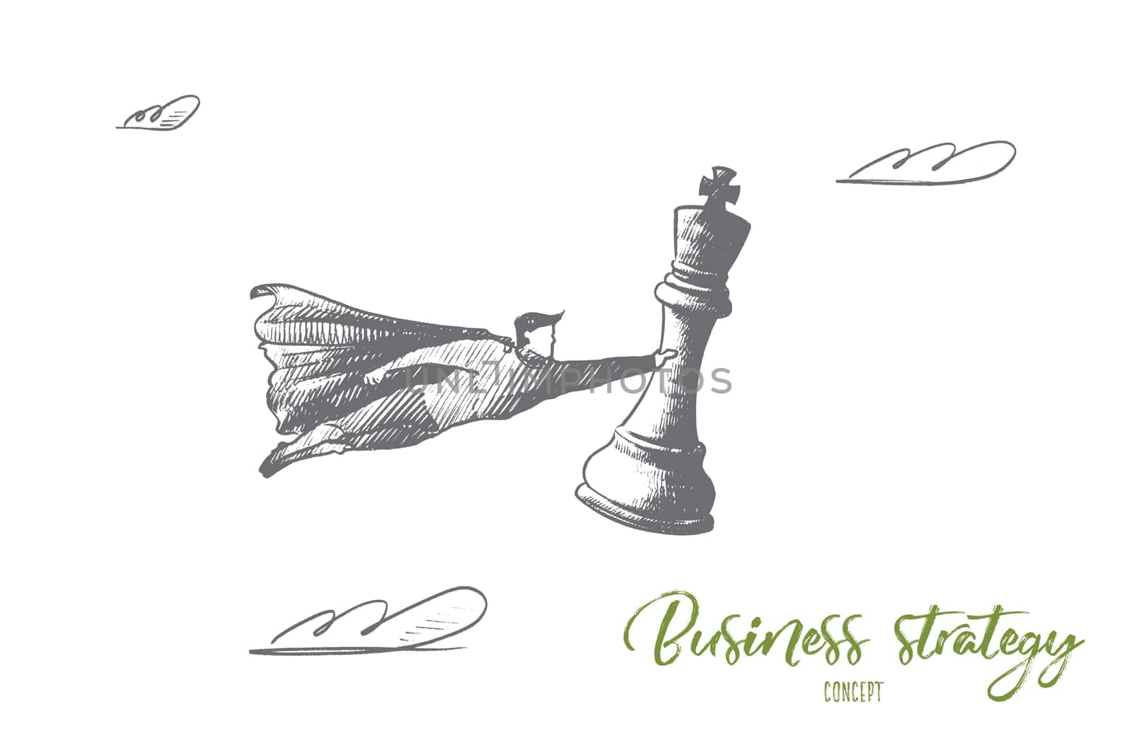 Business strategy concept. Hand drawn superhero with chess figure in hand. Flying man holds chess figure king as symbol of win isolated vector illustration.