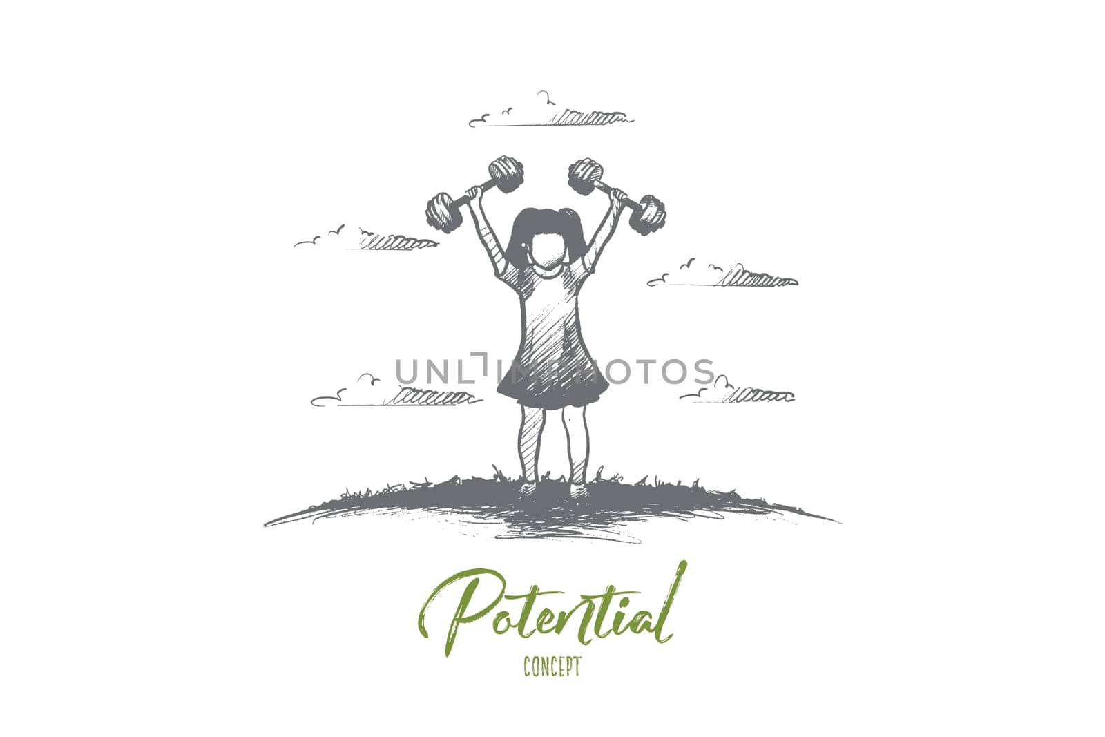 Potential concept. Hand drawn girl with barbells as symbol of high potential. Motivation to achievement isolated vector illustration.