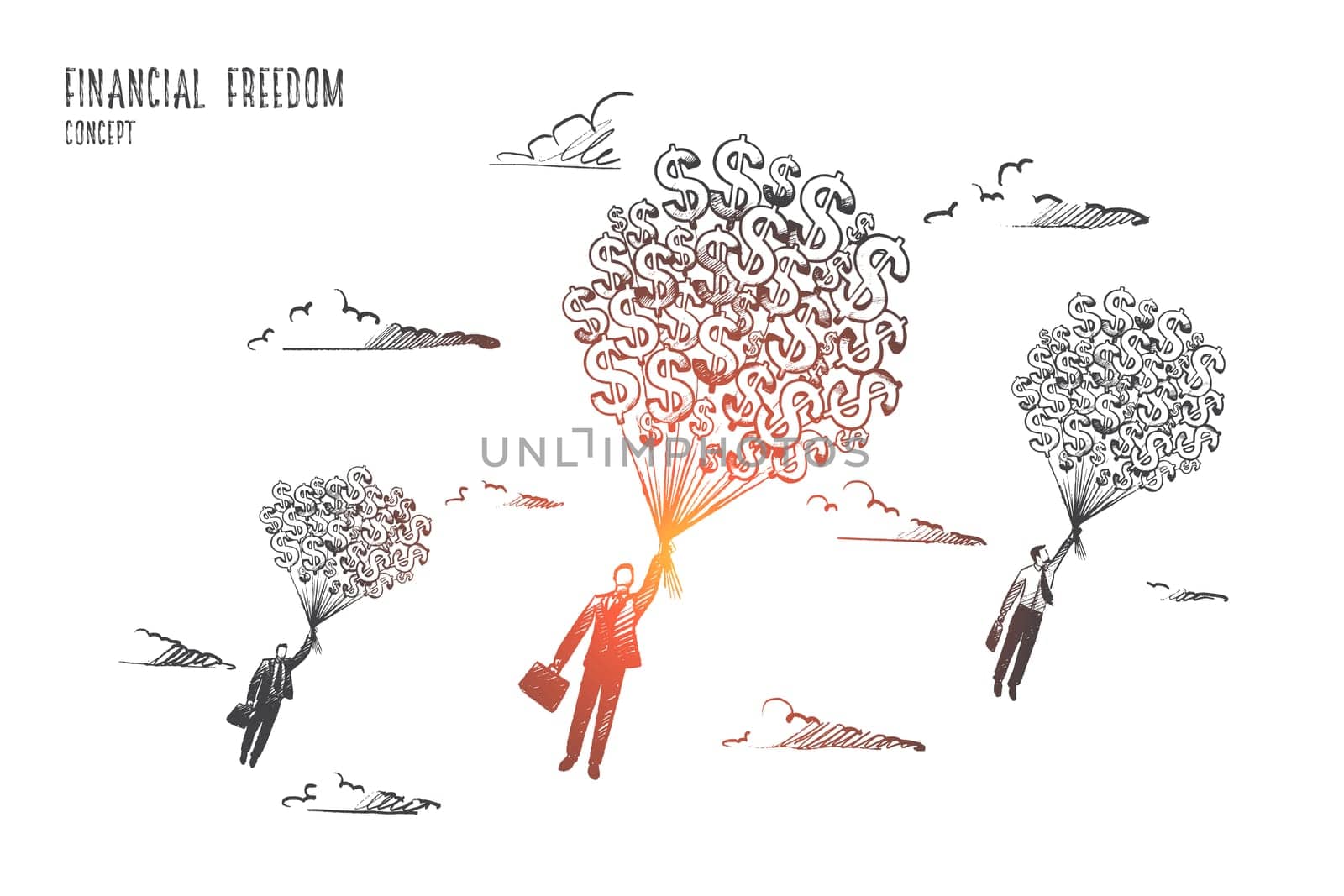 Financial freedom concept. Hand drawn businessmen flying with a lot of dollars. Money gives fill of freedom isolated vector illustration.