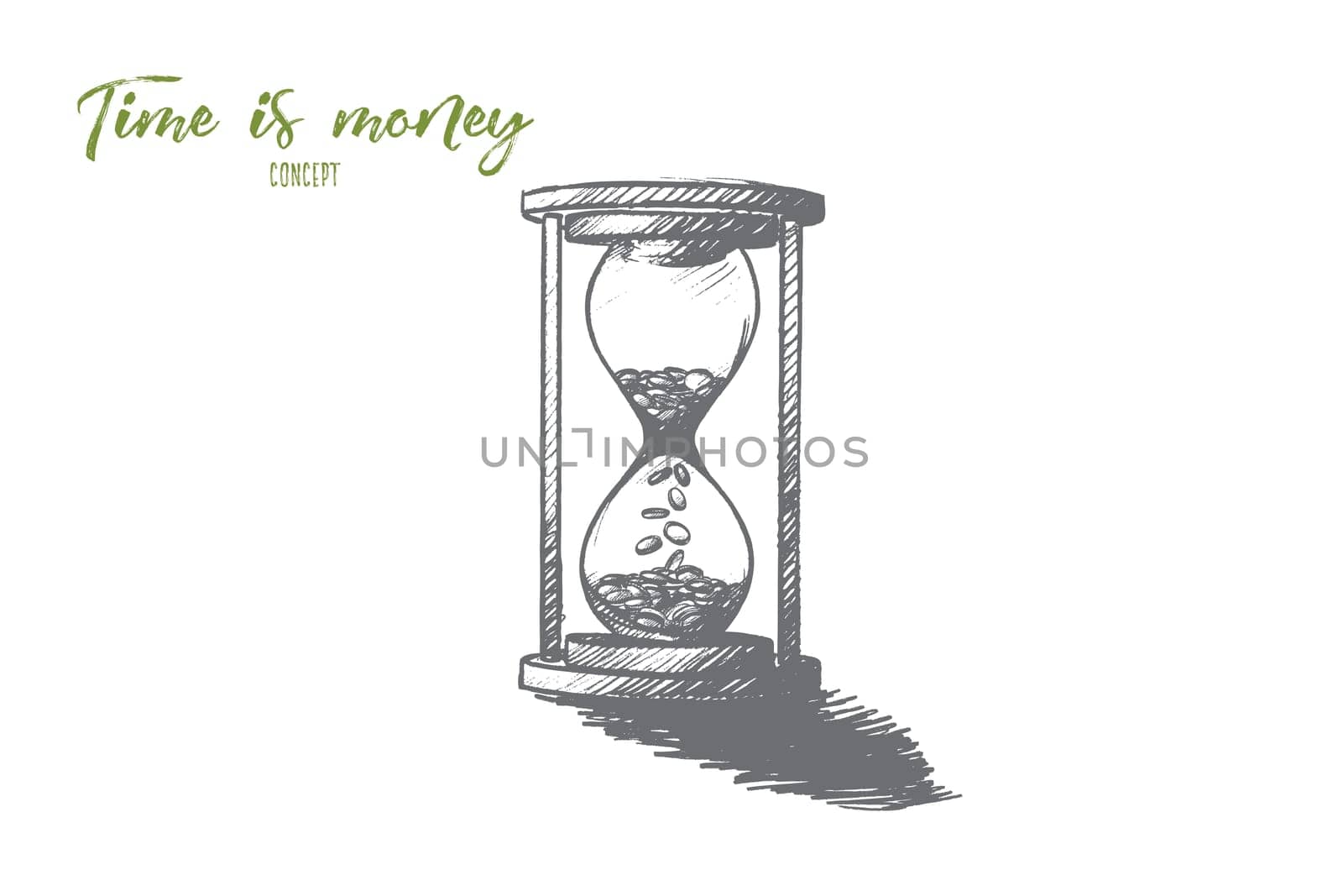 Time is money concept. Hand drawn hourglass as symbol of time and finance. Coins inside of clock isolated vector illustration.
