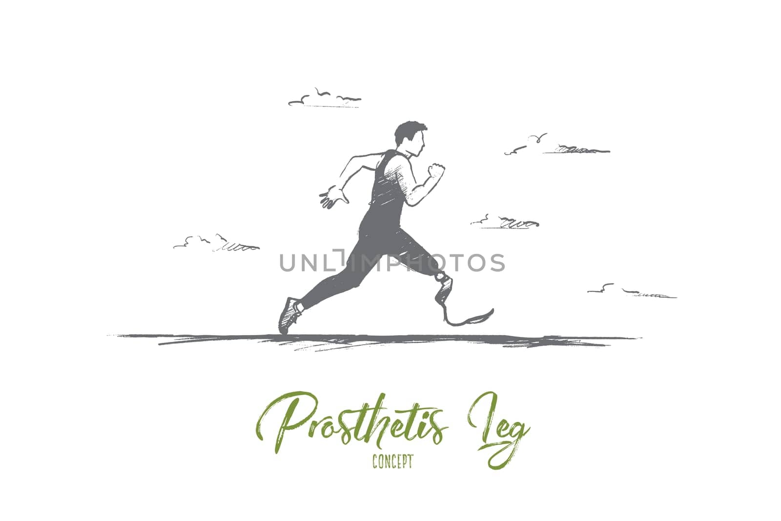 Prosthesis concept. Hand drawn man running with prosthesis. Disabled sportsman runs isolated vector illustration.
