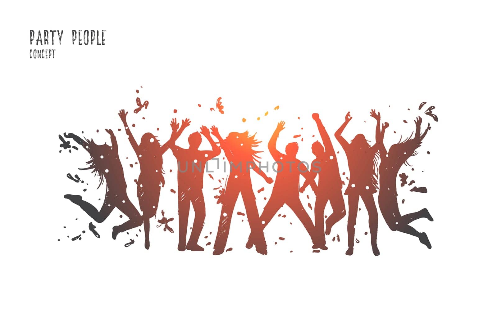 Party people concept. Hand drawn young people dancing in night club. Silhouette of festive people having fun together isolated vector illustration.