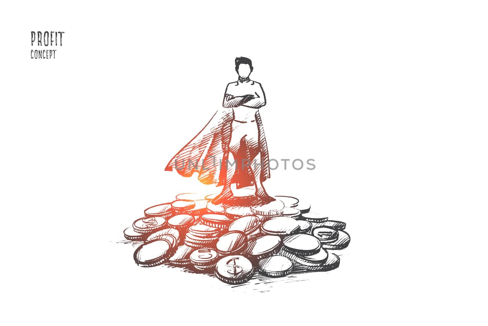 Profit concept. Hand drawn businessman standing on pile of coins. Financial success isolated vector illustration.