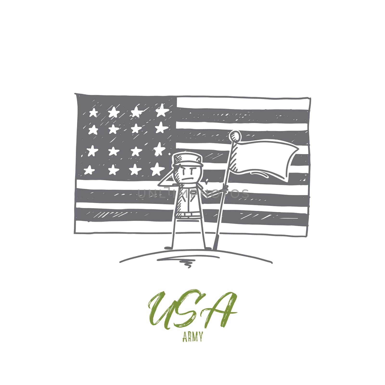 Vector hand drawn USA Army concept sketch. Soldier standing with flag and salutting, american flag at background