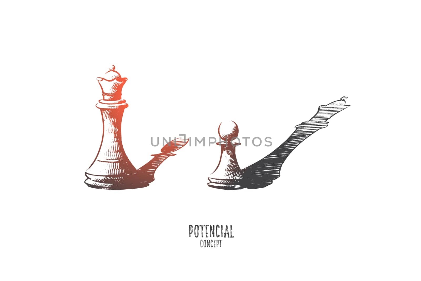 Potential concept. Hand drawn pawn chess figure with shadow as queen. Capabilities for growth isolated vector illustration.