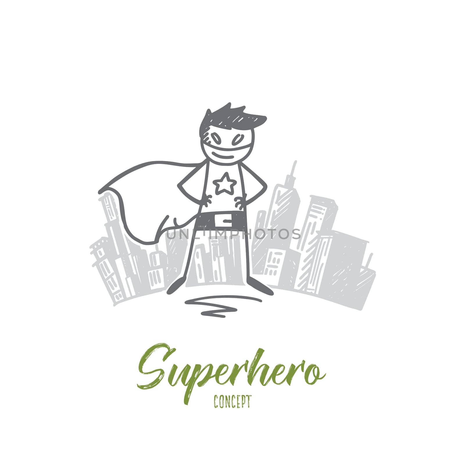 Vector hand drawn Superhero concept sketch. Superman standing in special costume, big city at background
