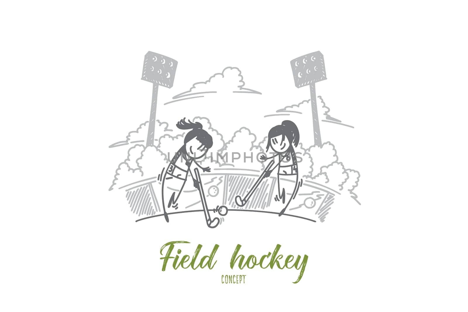 Field hockey concept. Hand drawn two female hockey players. Field hockey competition between women isolated vector illustration.