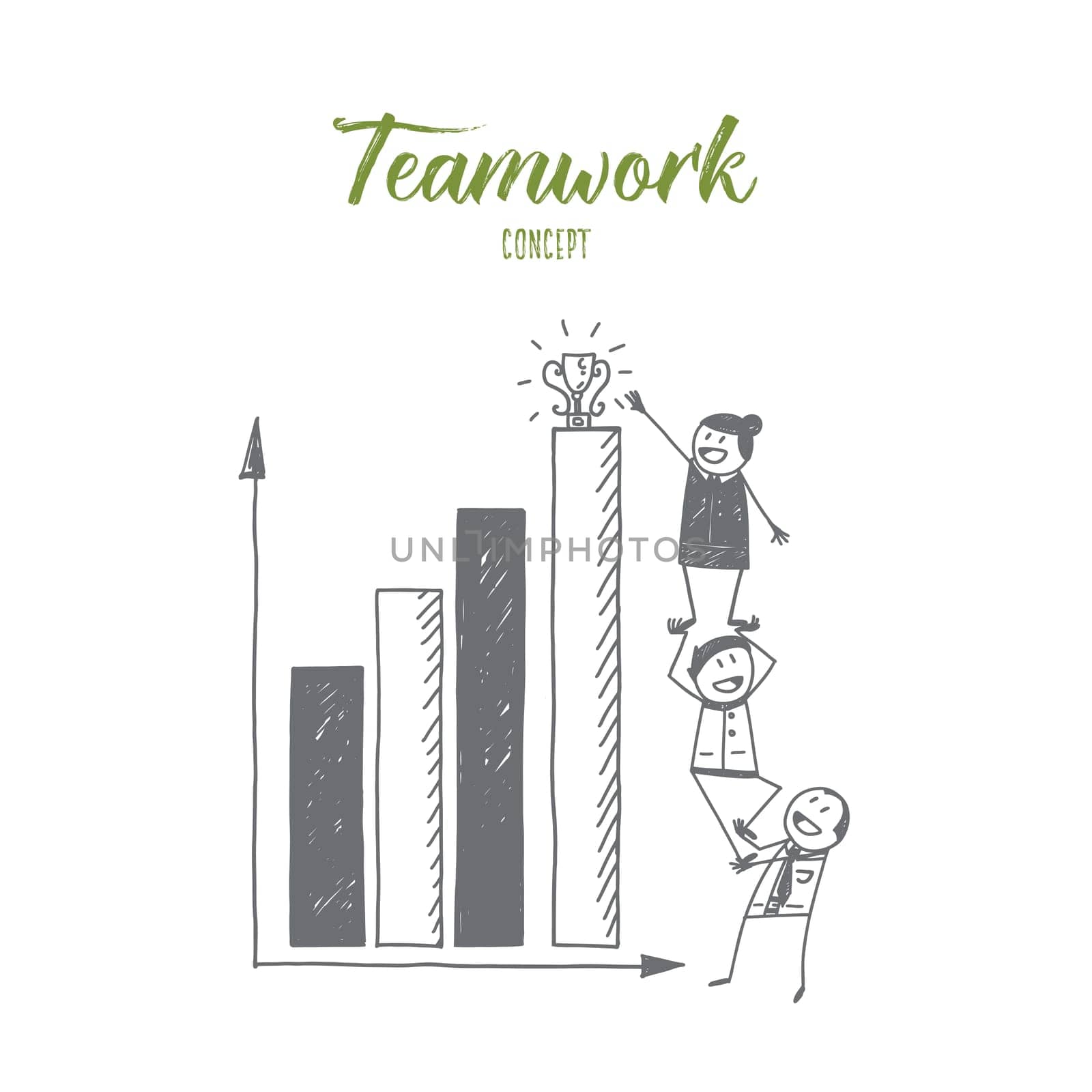 Vector hand drawn teamwork concept sketch with group of three people holding each other on hands in order to get to the top and take the first prize.