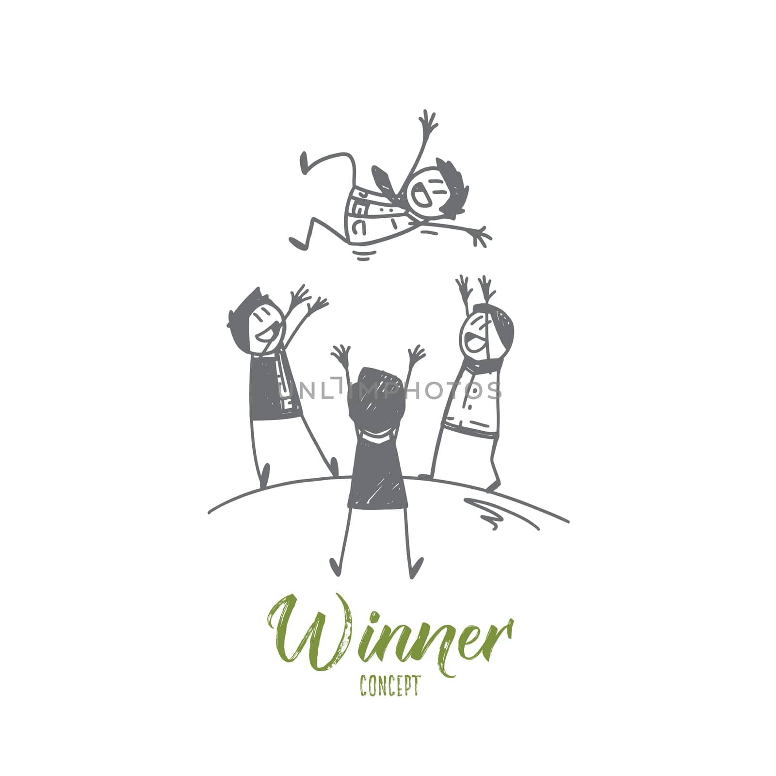 Vector hand drawn Winner concept sketch. Three people tossing winner on hands to the air