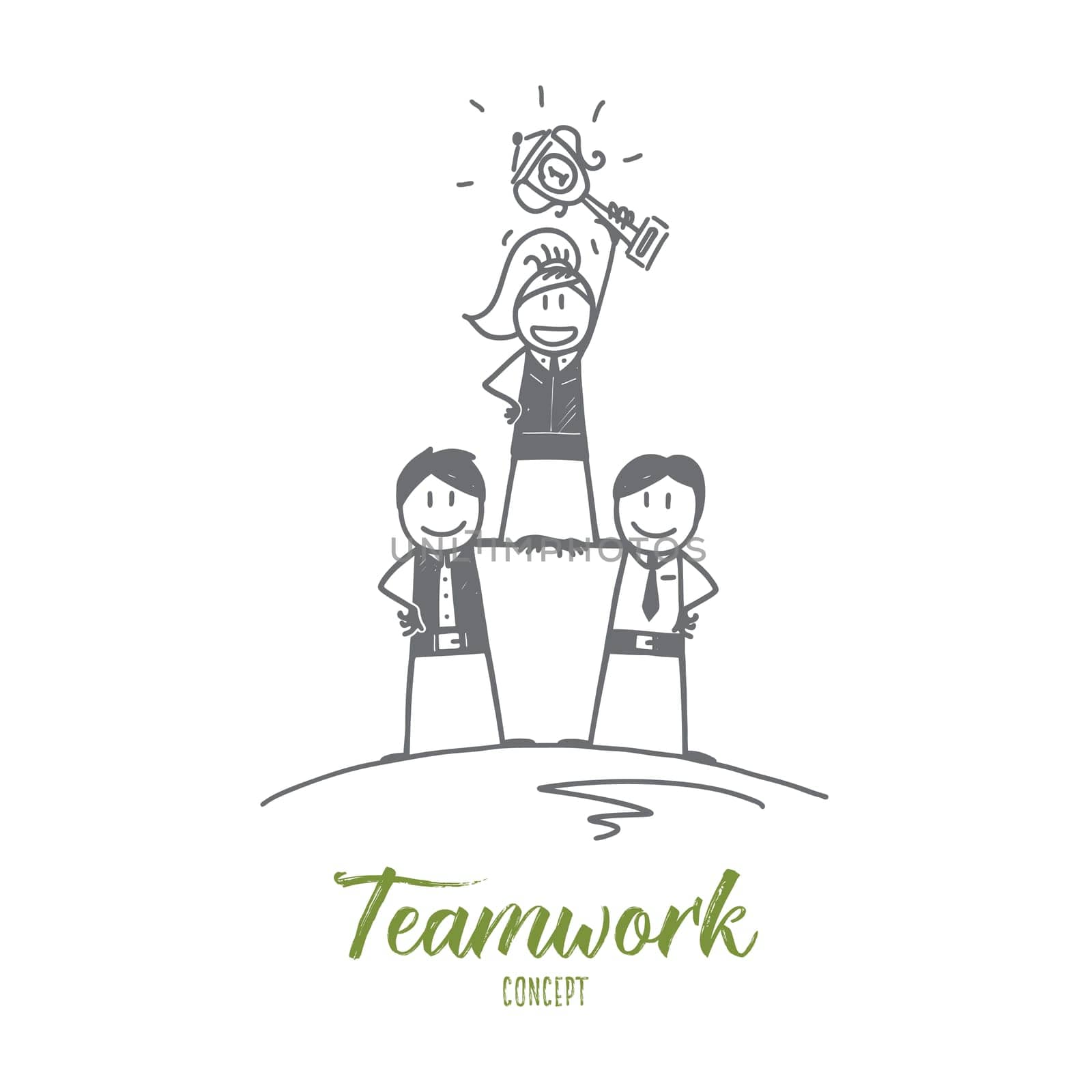 Vector hand drawn teamwork concept sketch with three smiling people forming pyramid and showing the first prize