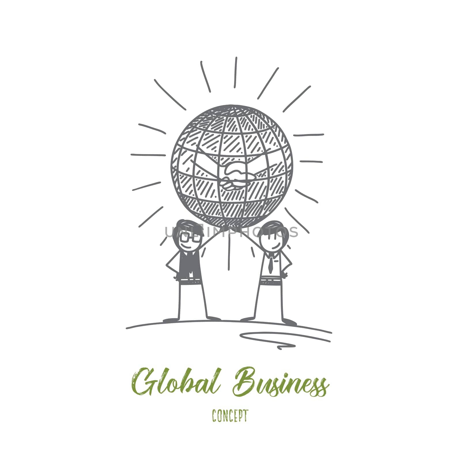 Global business concept. Hand drawn two men holding the world in hands. Symbol of global business and communications isolated vector illustration.