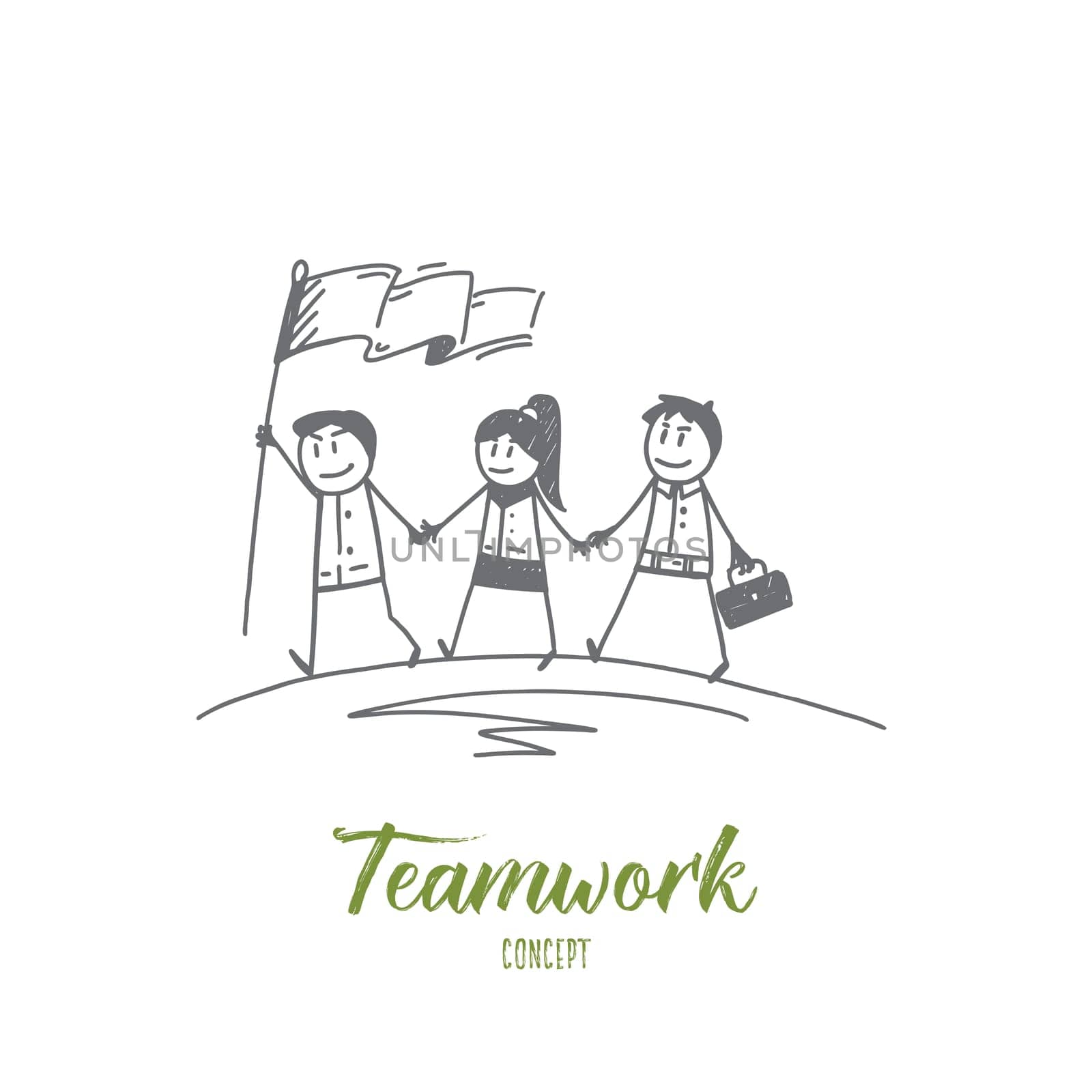 Vector hand drawn teamwork concept sketch with group of three people going forward with flag and holding their hands