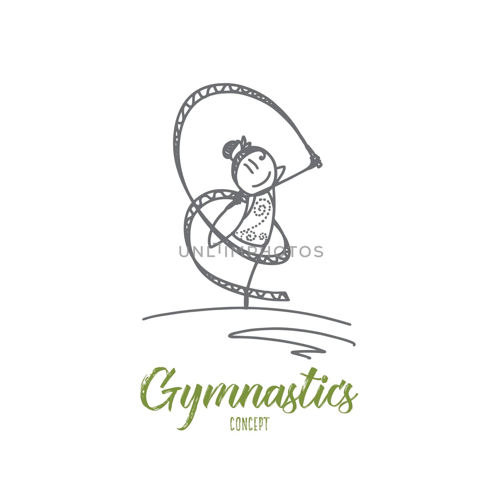 Gymnastics concept. Hand drawn young girl doing gymnastics with ribbon. Happy female athlete doing gymnast exercises isolated vector illustration.