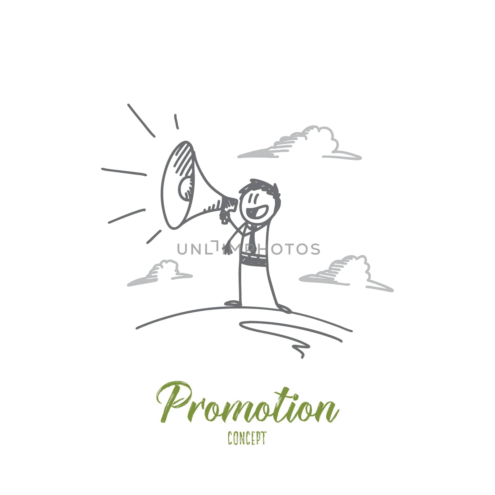 Promotion concept. Hand drawn man using megaphone yelling. Person promoting isolated vector illustration.