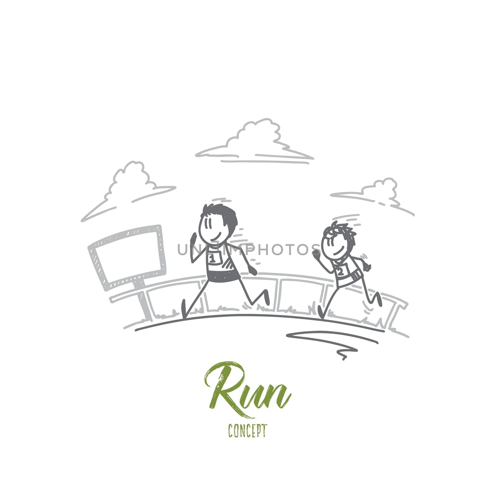 Runconcept. Hand drawn two runners sprinting outdoors. Marathon runners isolated vector illustration.