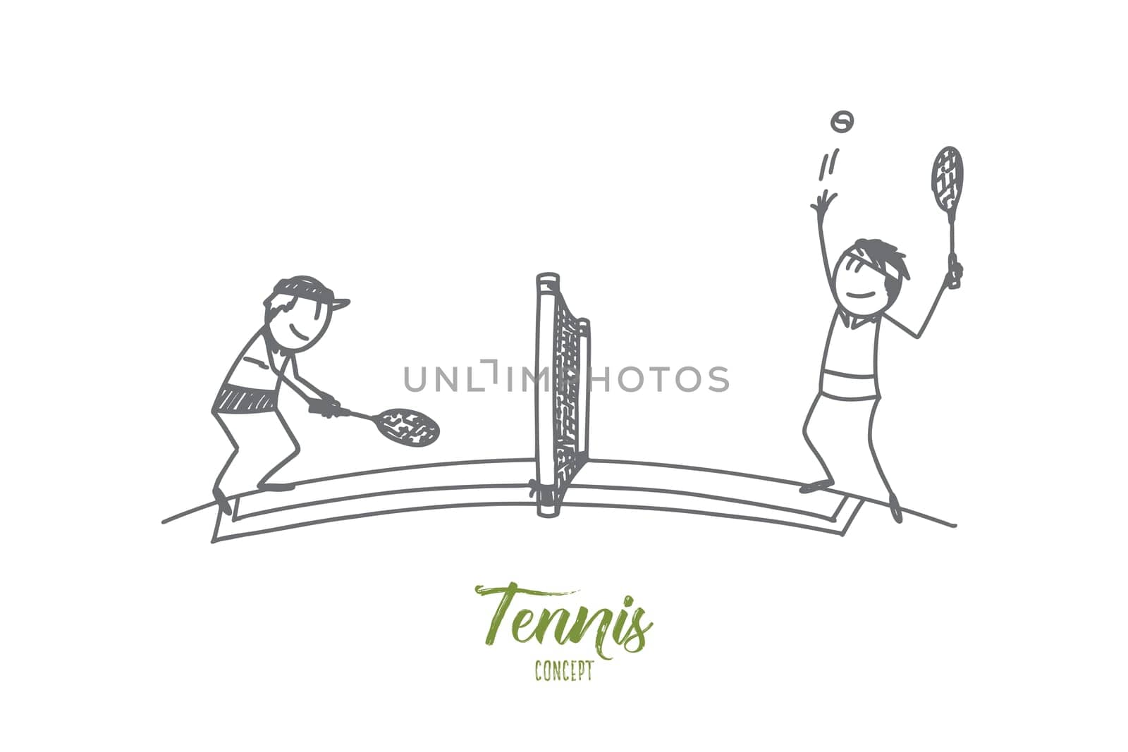 Tennis concept. Hand drawn portrait of two male athletes playing tennis at court. Sportsmen with rockets and ball isolated vector illustration.