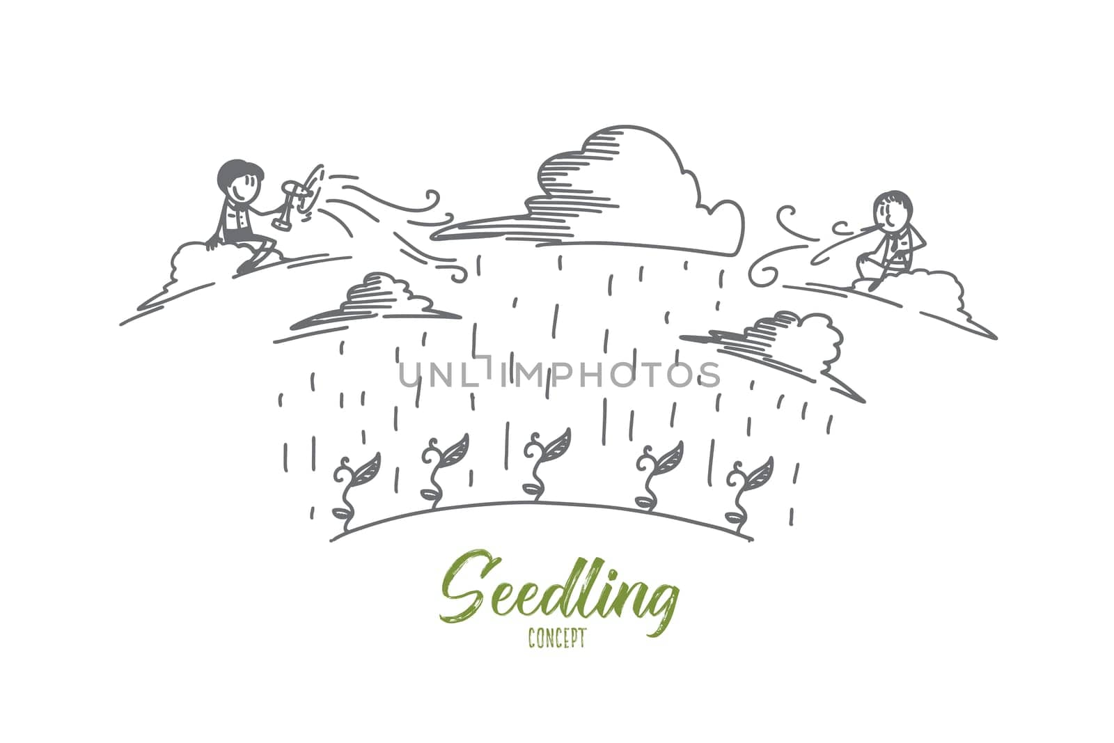 Seedling concept. Hand drawn plant sprouts in the field and farmer is watering it. Care for seedlings isolated vector illustration.