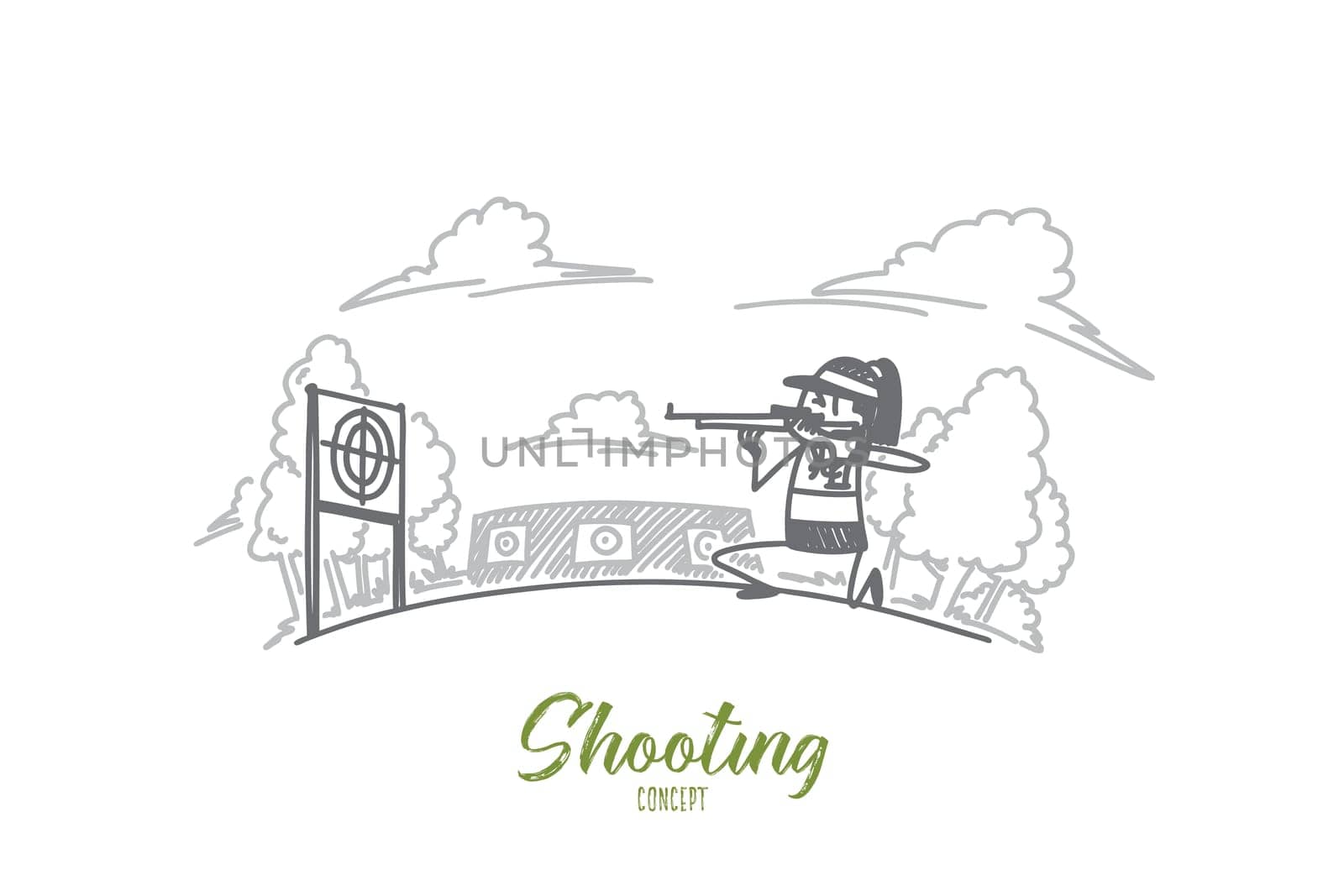 Shooting concept. Hand drawn man firing at target in indoor shooting range. isolated vector illustration.