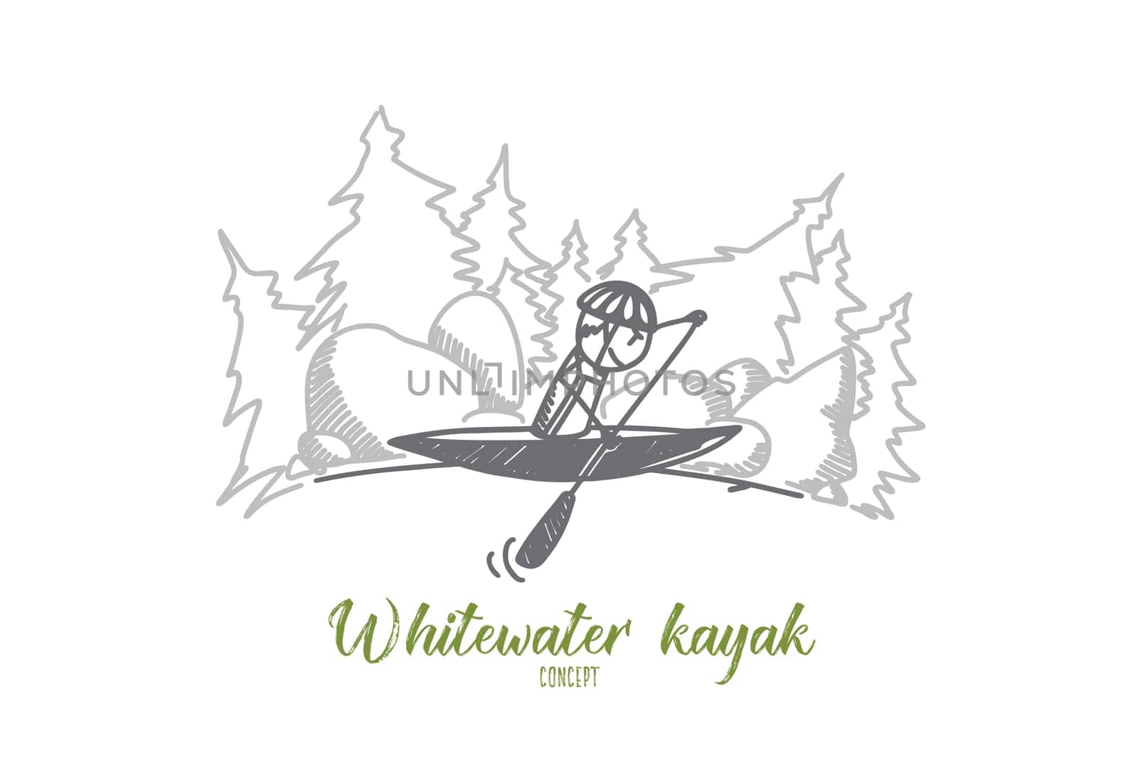 Whitewater kayak concept. Hand drawn whitewater kayaker braces in fast moving water on the river. Kayaking extreme isolated vector illustration.