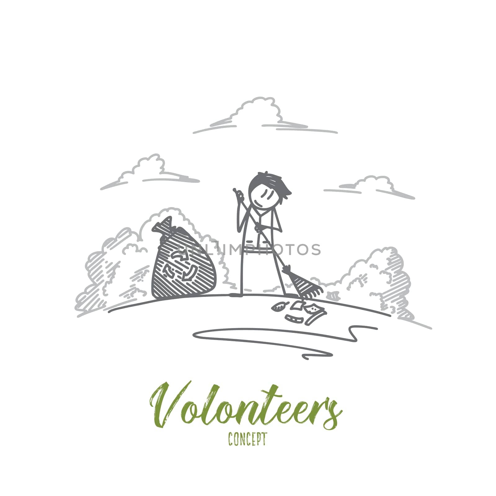 Volunteers concept. Hand drawn person doing volunteers work at park. Volunteer removes garbage in the park isolated vector illustration.