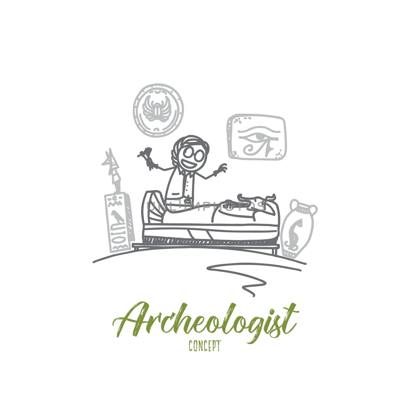 Archeologist concept. Hand drawn job of archeologist. Archaeology work isolated vector illustration.