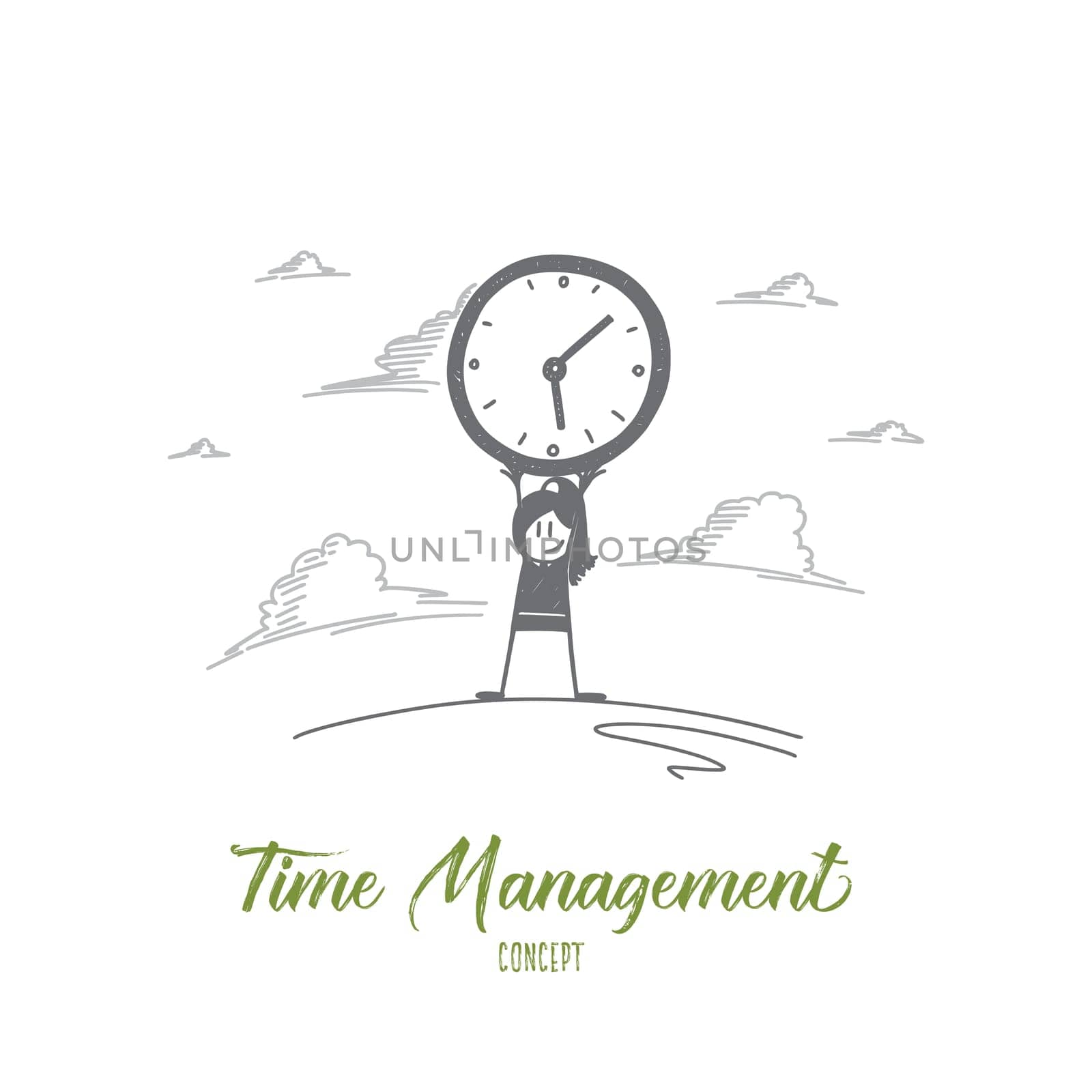Time management concept. Hand drawn woman holding clock. Portrait of female person with big clock isolated vector illustration.