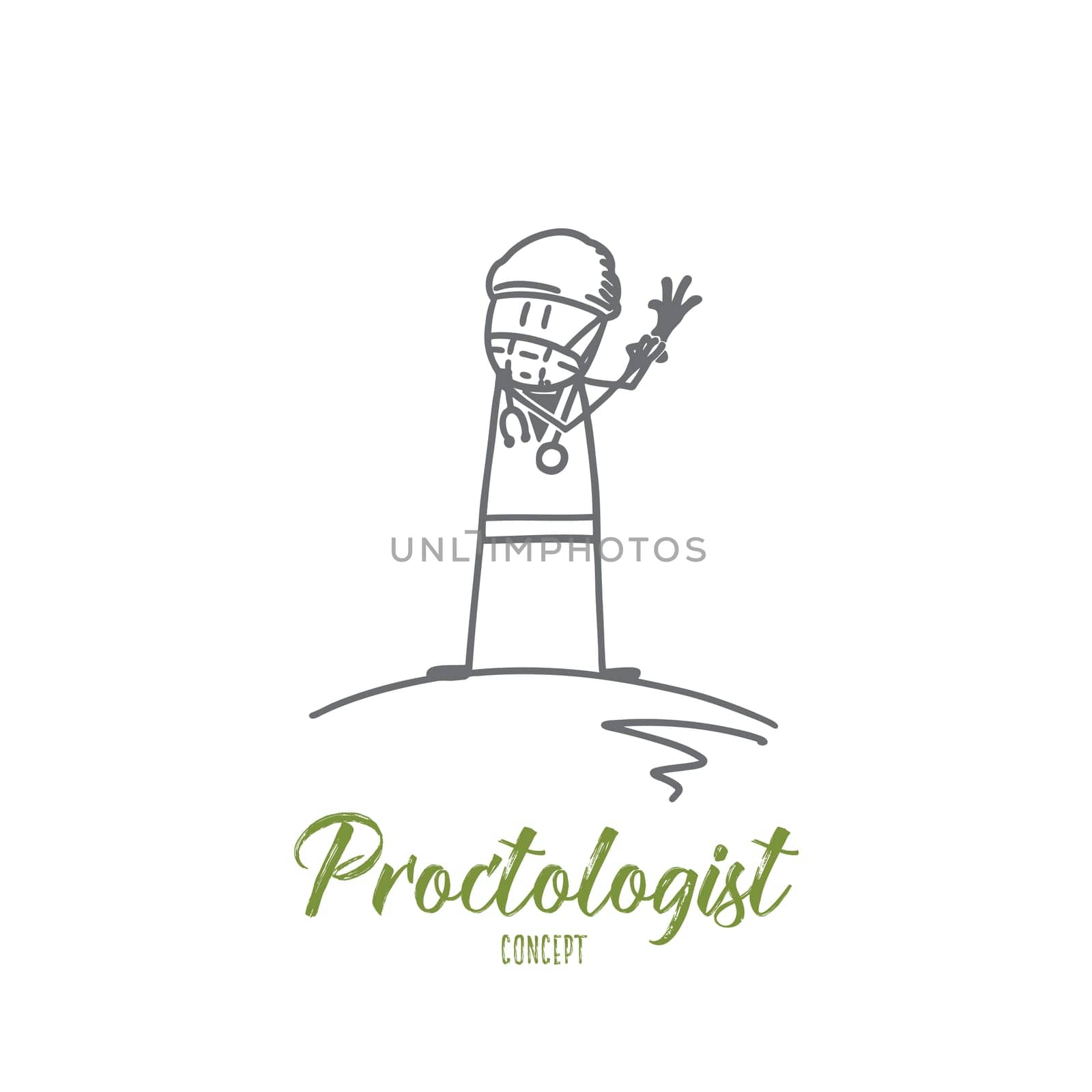 Proctologist concept. Hand drawn doctor pulling on medical gloves. Proctologist waiting for patient isolated vector illustration.