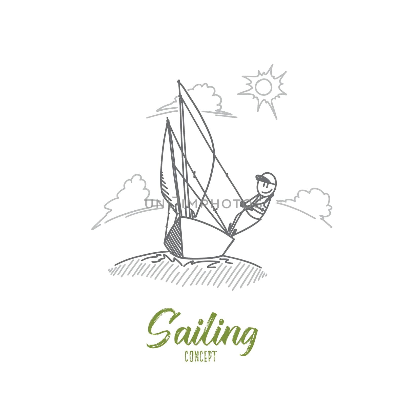 Sailing concept. Hand drawn man sailing with sails out on a sunny day. Sailing boat moving in a sea isolated vector illustration.