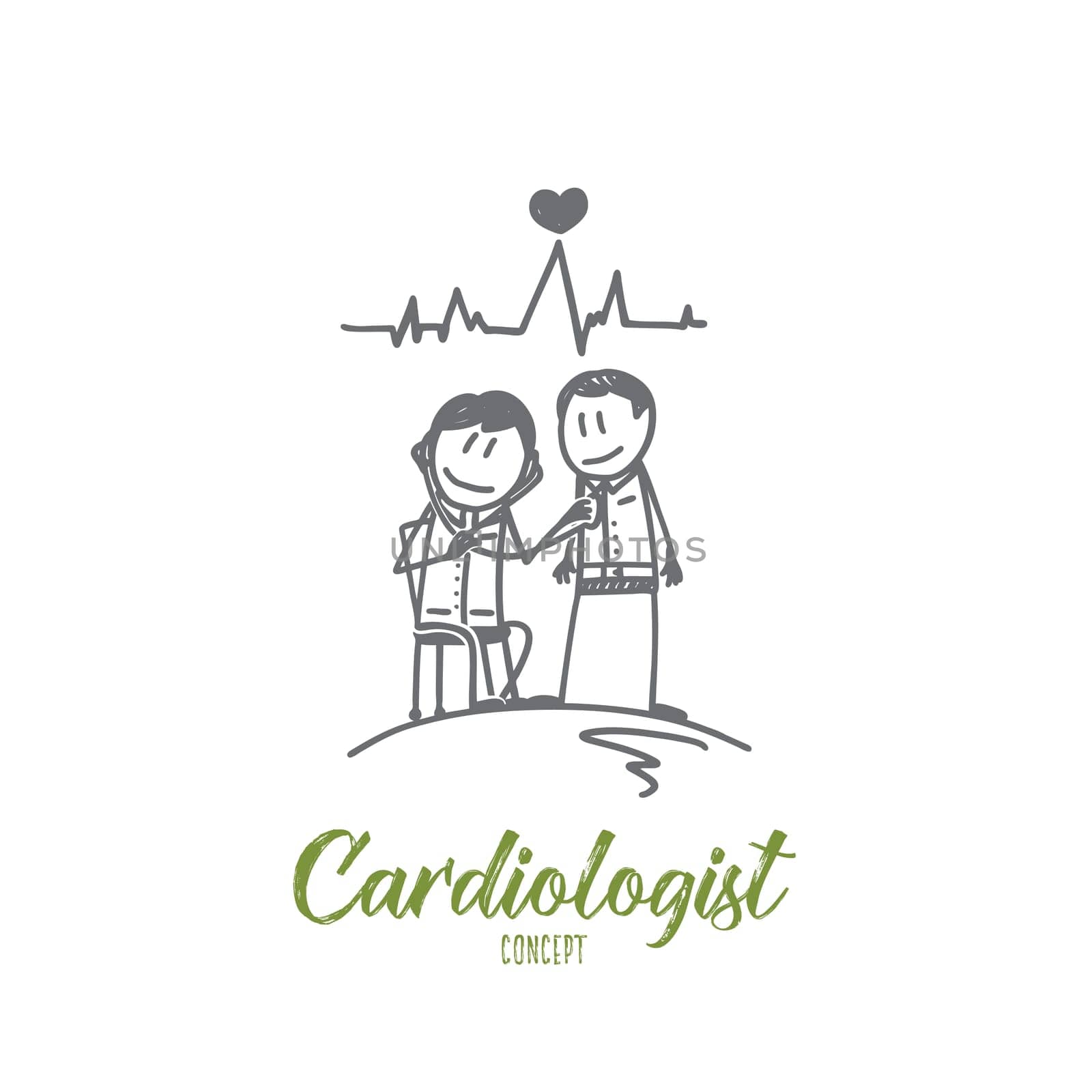 Cardiologist concept. Hand drawn doctor cardiologist with a patient. Heart diagnostic process isolated vector illustration.