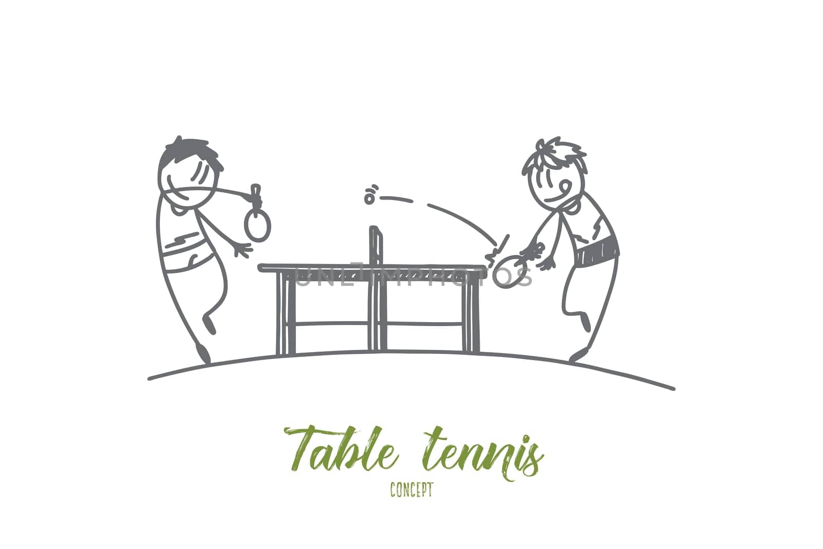 Table tennis concept. Hand drawn portrait of two male athletes playing table tennis. Sportsmen with rockets isolated vector illustration.