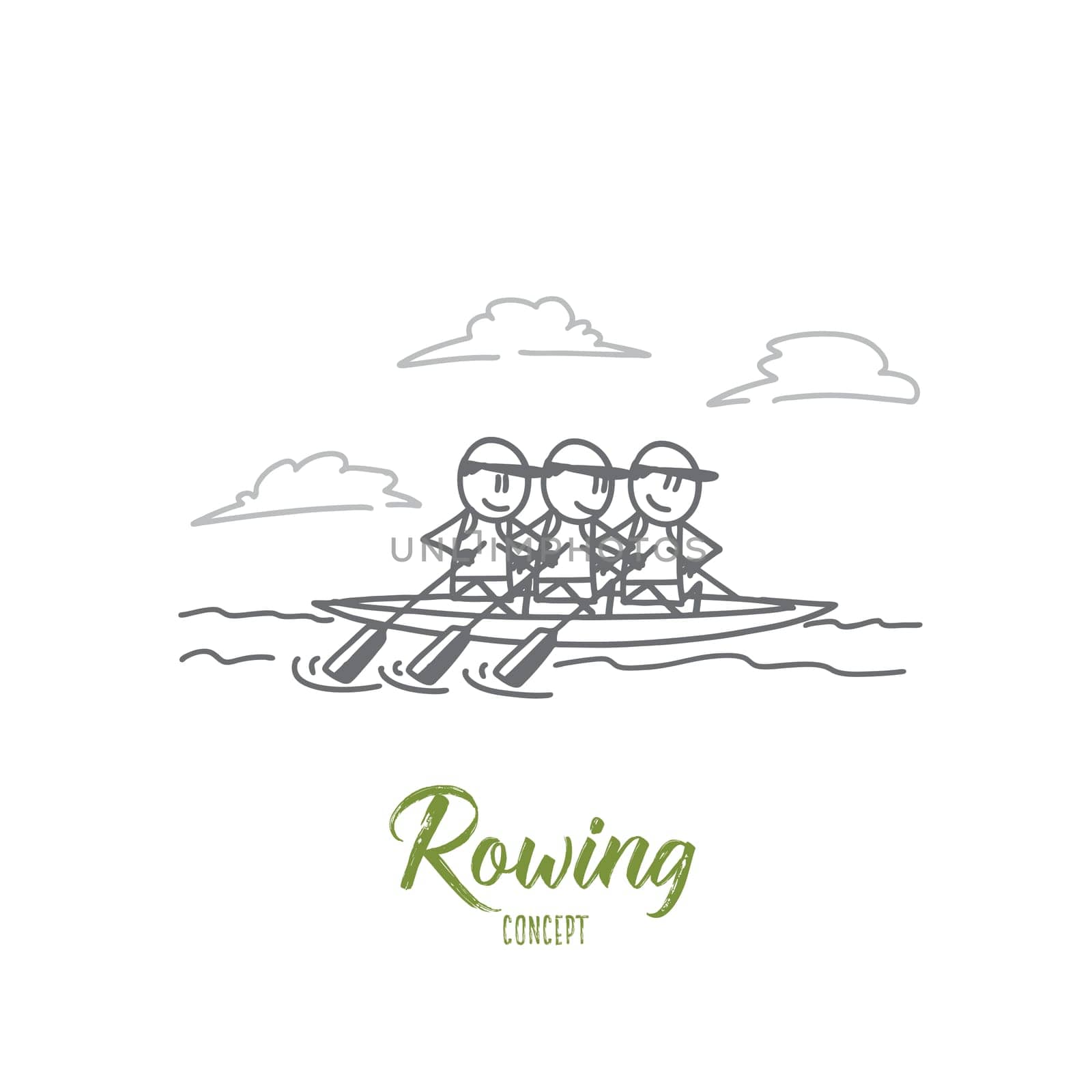 Rowing concept. Hand drawn rowers paddling in a lake. Sportsmen in boat isolated vector illustration.
