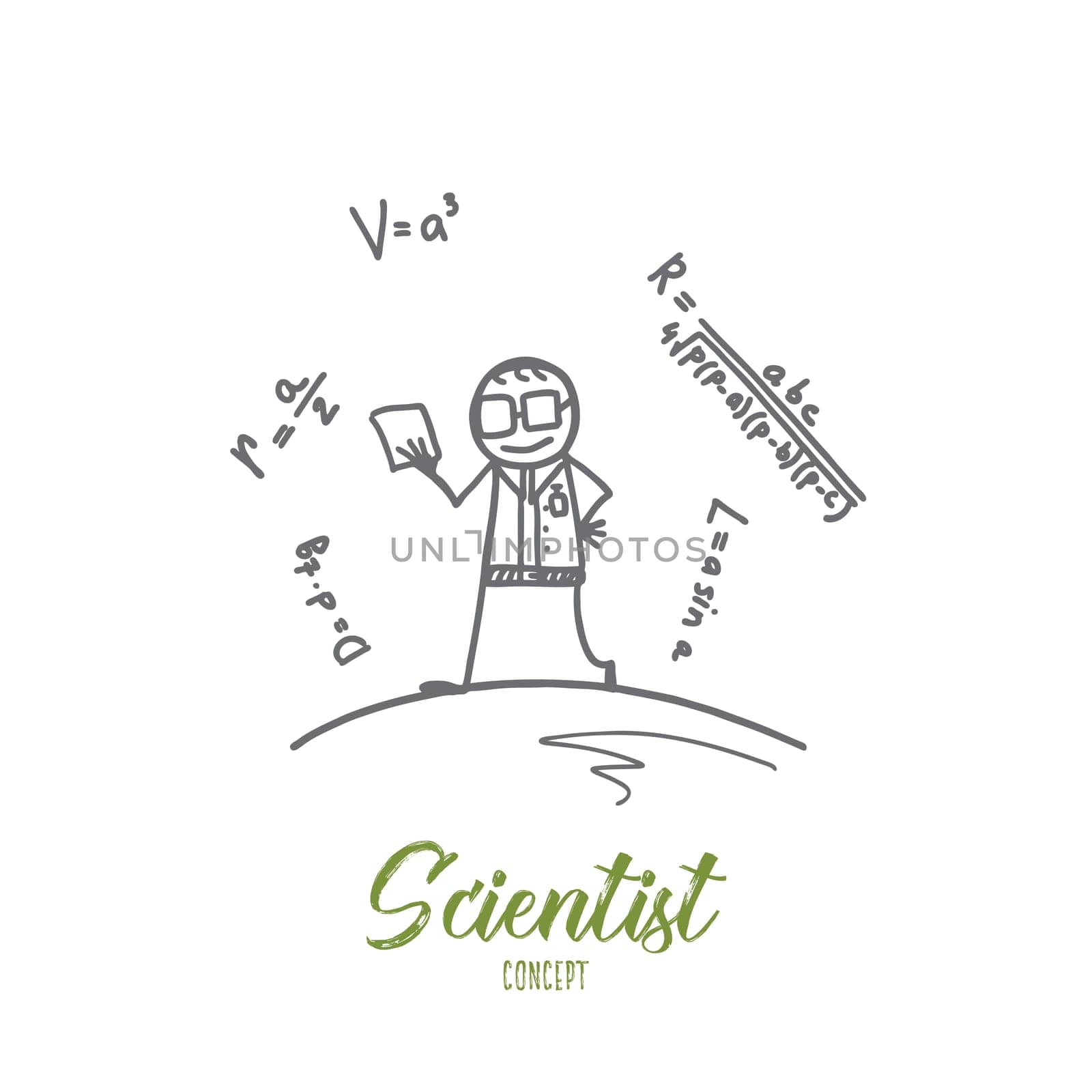 Scientist concept. Hand drawn smiling scientist leaning mathematical formulas. Person in glasses isolated vector illustration.