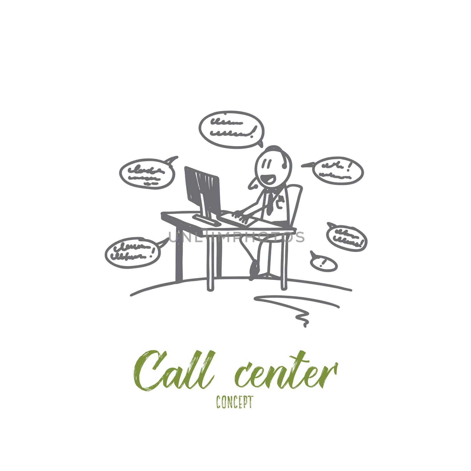 Call center concept. Hand drawn working process in call center. Worker answering calls in office isolated vector illustration.