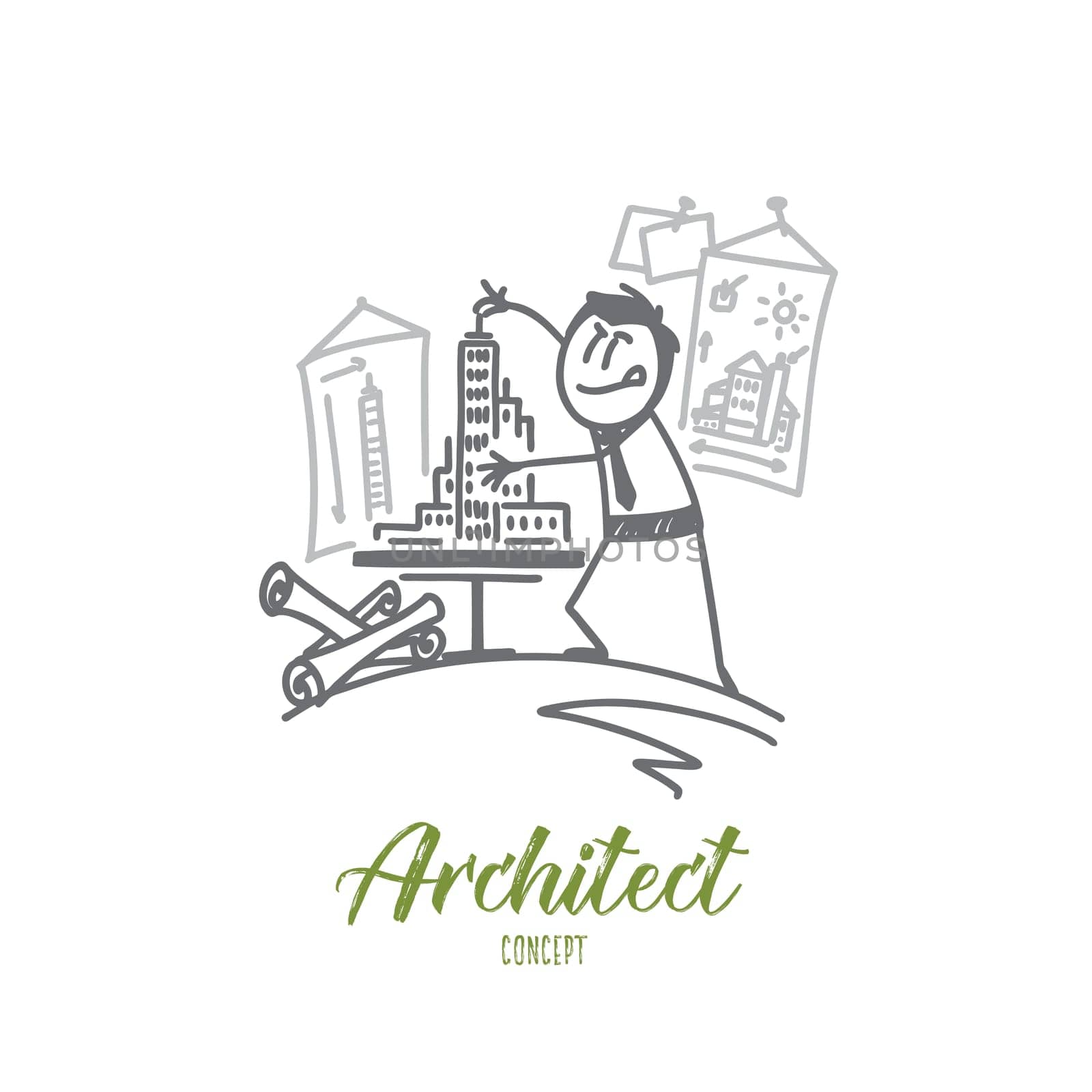 Architect concept. Hand drawn architect doing his job. House design process isolated vector illustration.