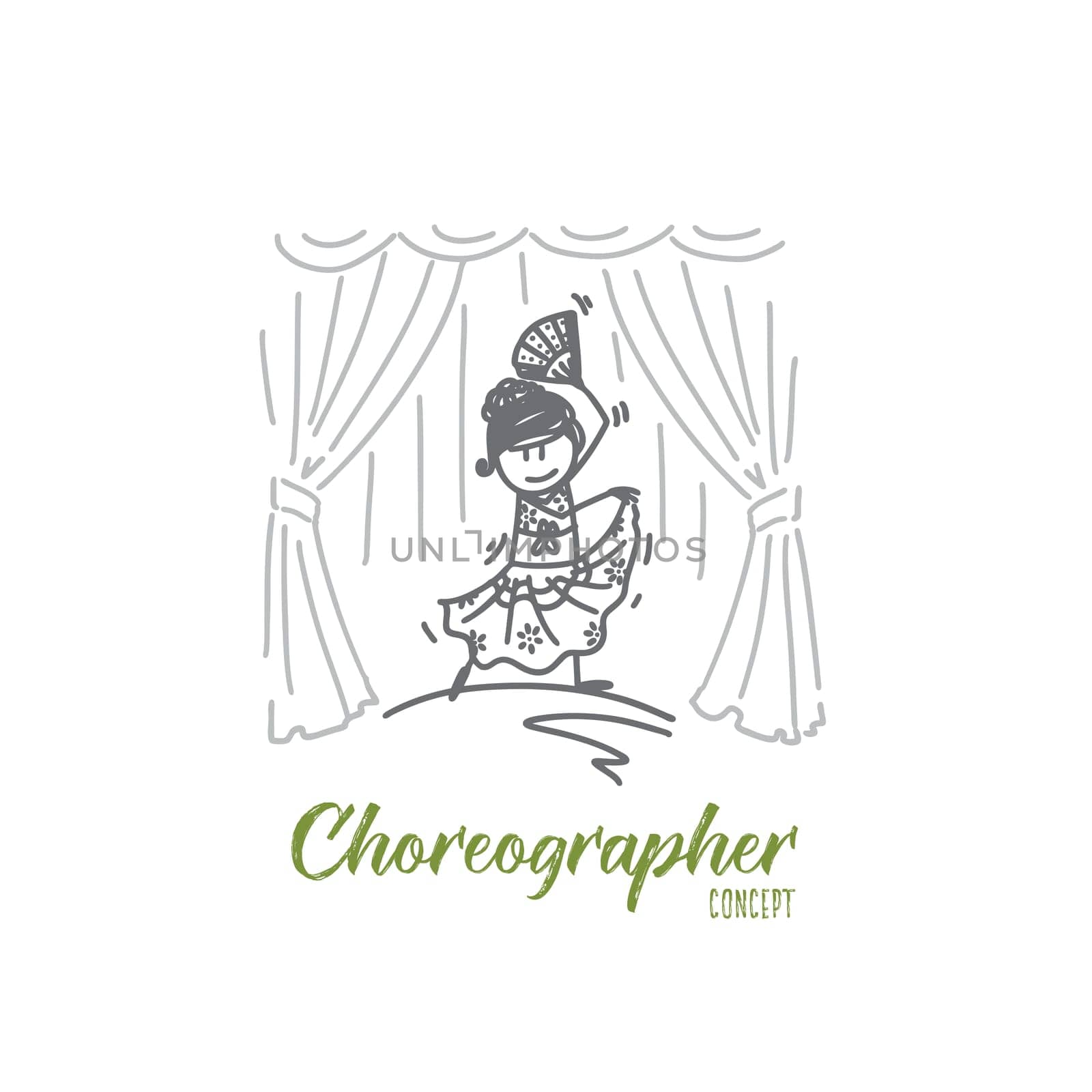 Choreographer concept. Hand drawn choreographer dancing on scene. Young female dancer isolated vector illustration.