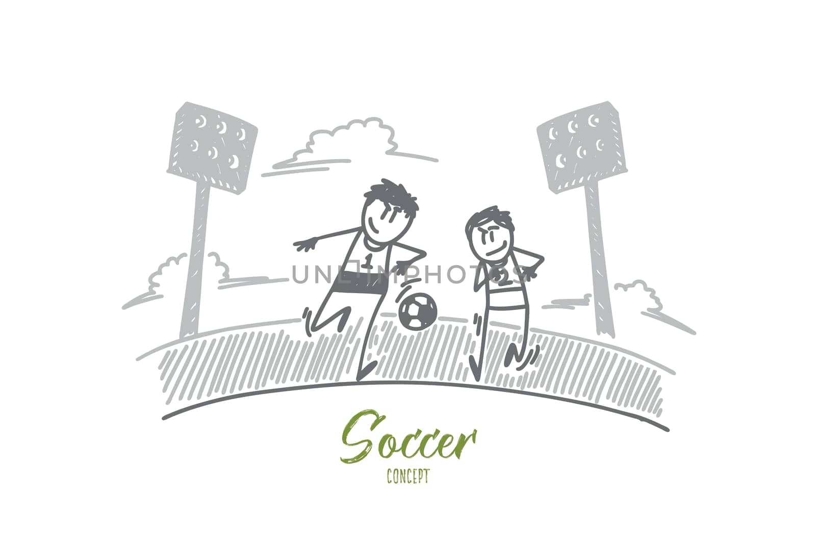 Soccer concept. Hand drawn soccer players in action on the stadium. Football game isolated vector illustration.