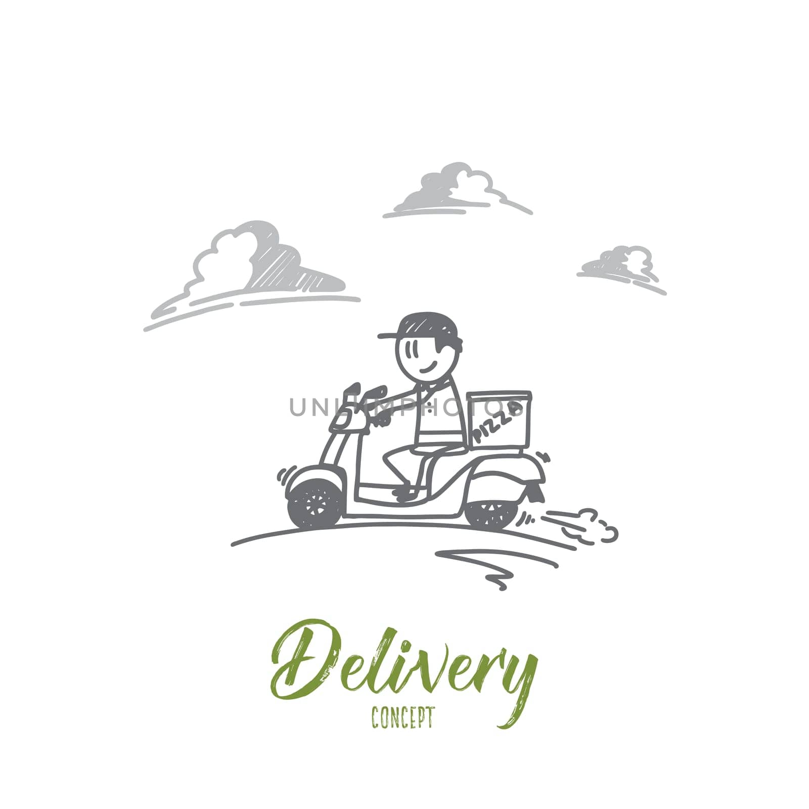 Delivery concept. Hand drawn a man on delivery car with pizza. Courier service isolated vector illustration.