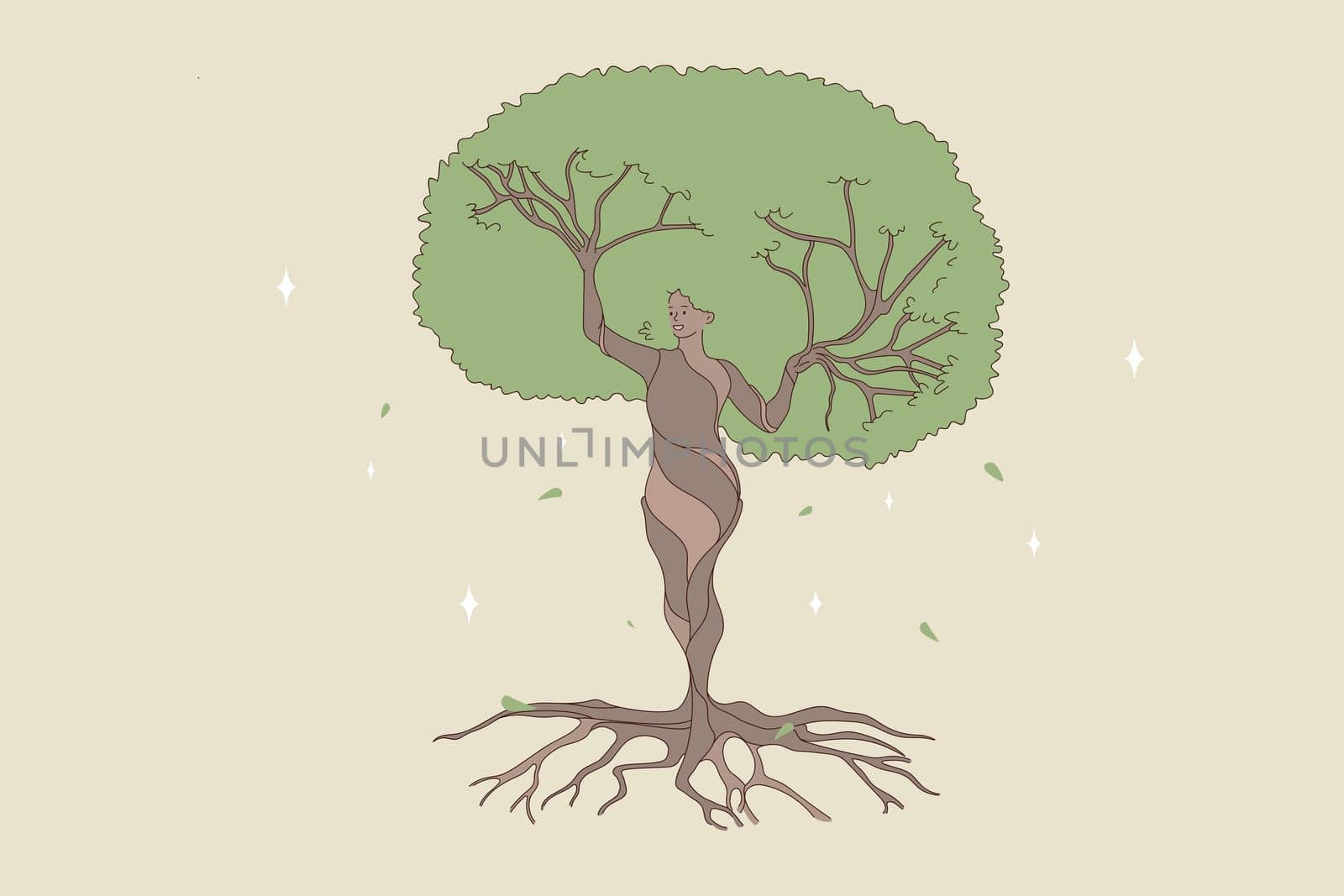 Woman shape being a natural forest tree. Vector concept illustration of nature and human balance by saving and protect nature.