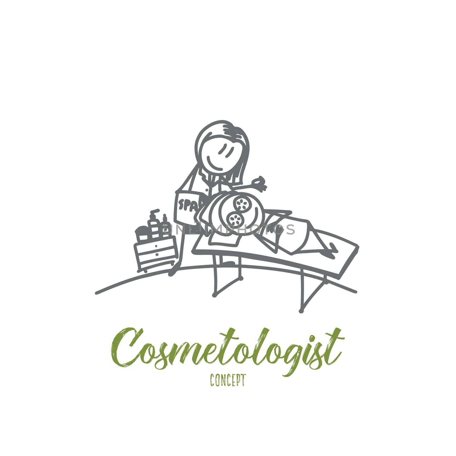 Cosmetologist concept. Hand drawn skillful cosmetologist makes the procedure of skin on female. Cosmetologist and patient isolated vector illustration.