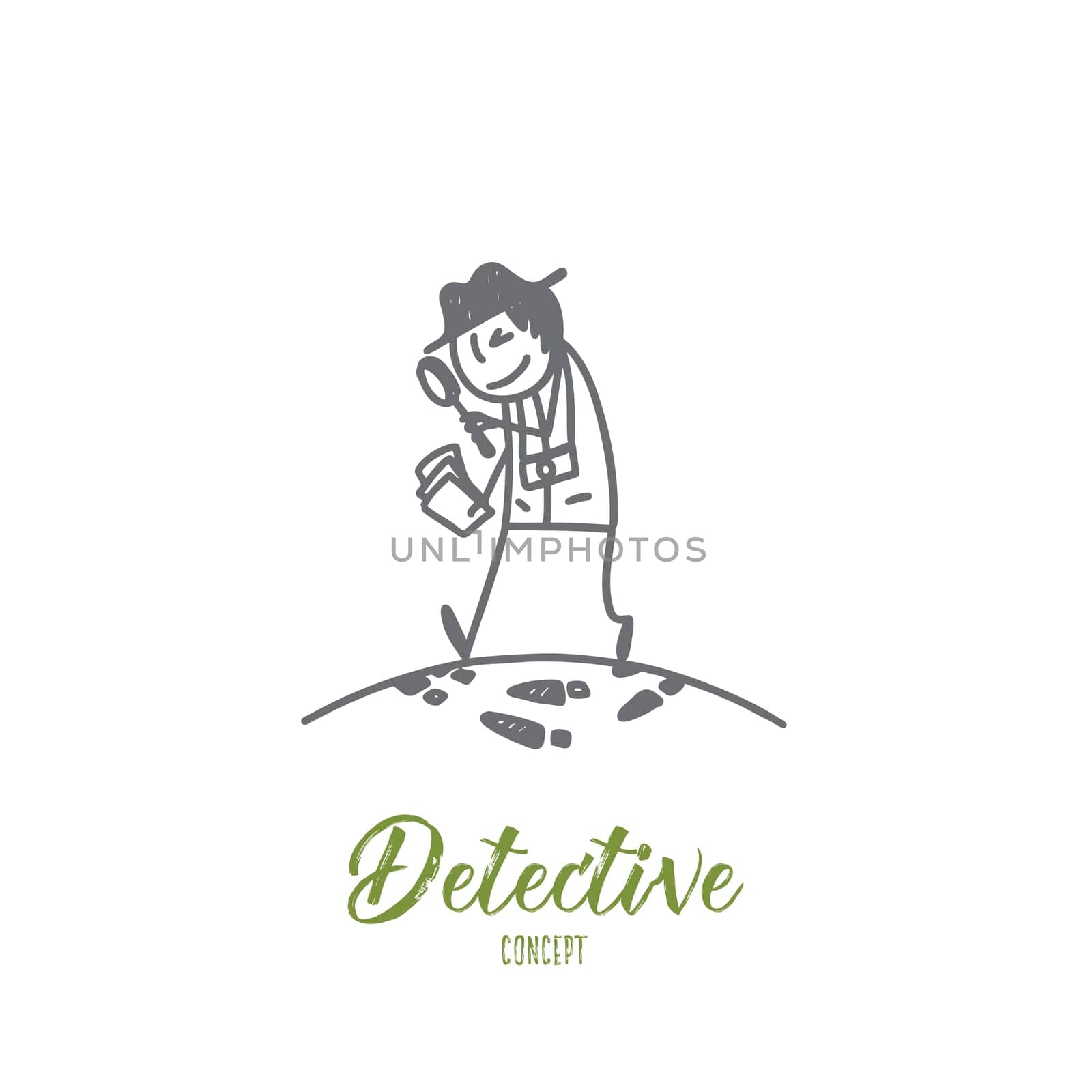 Detective concept. Hand drawn detective man doing criminal investigation. Person with lens symbol of detective isolated vector illustration.