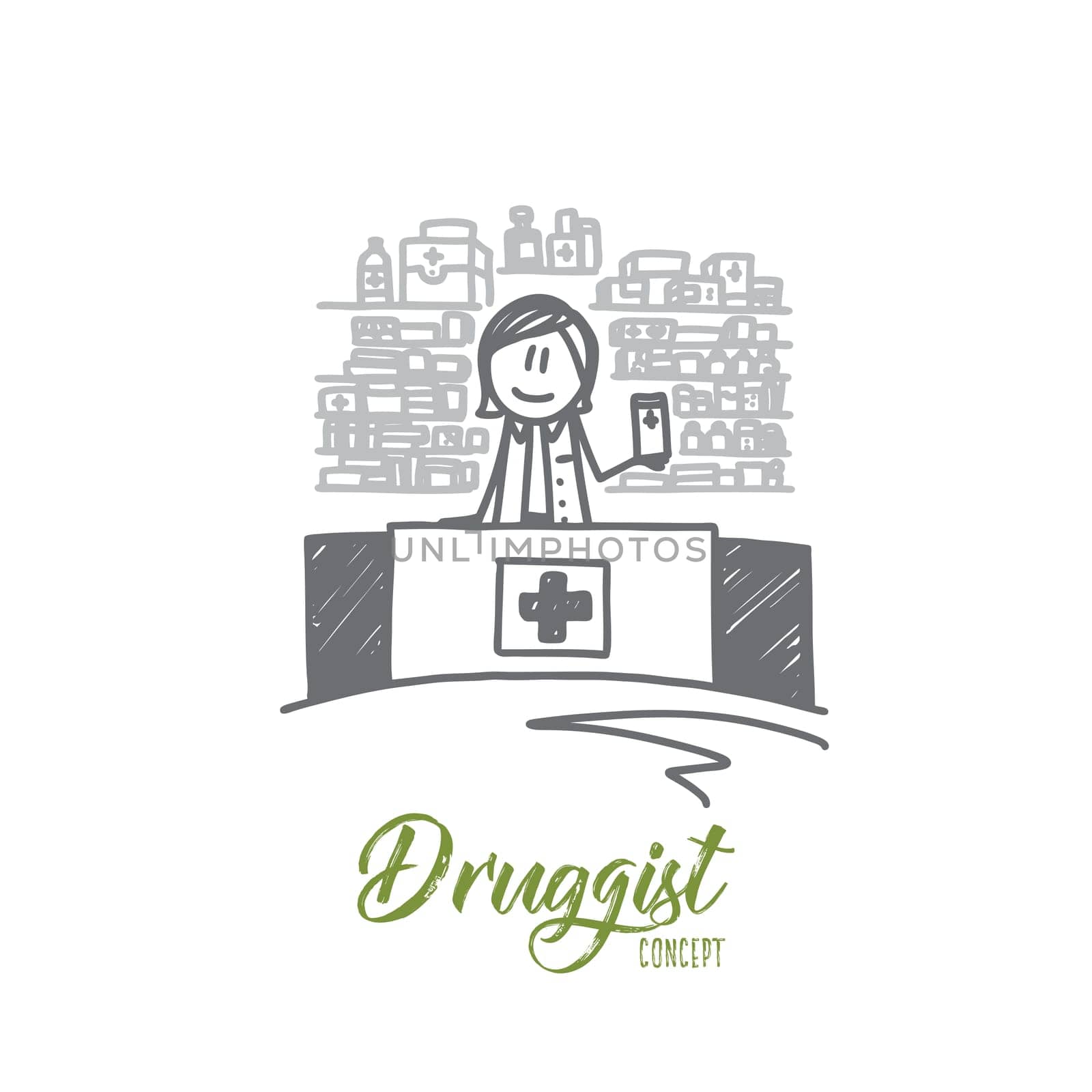 Druggist concept. Hand drawn male pharmacist dispensing medicine. Druggist holding a box of tablets isolated vector illustration.